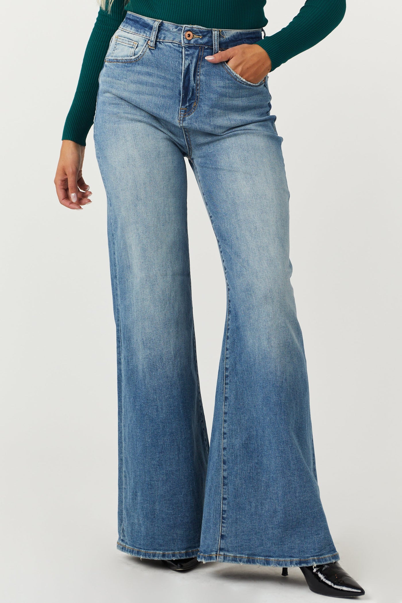 Medium Wash High Rise Super Wide Leg Jeans