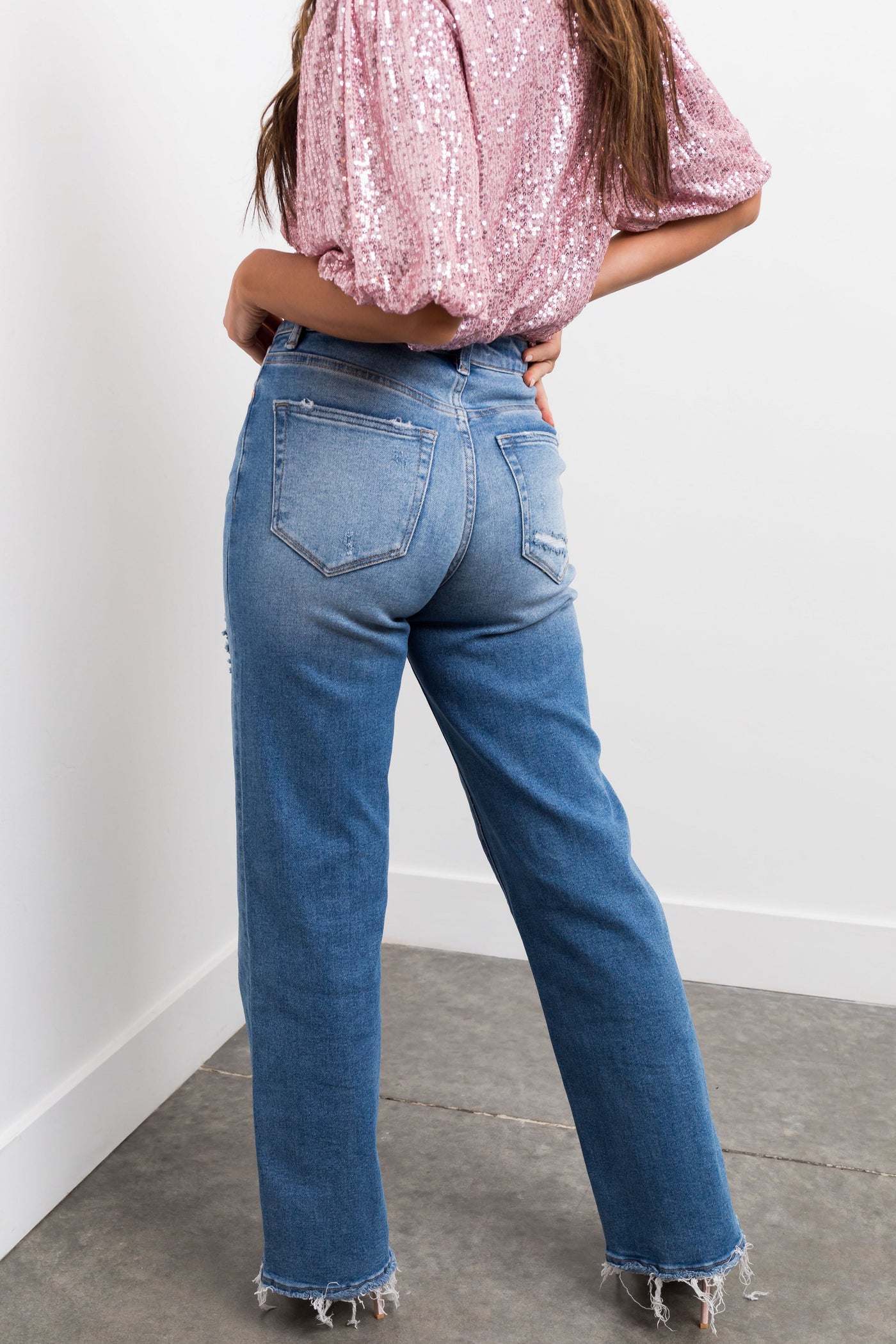 Medium Wash High Rise Wide Leg Distressed Jeans