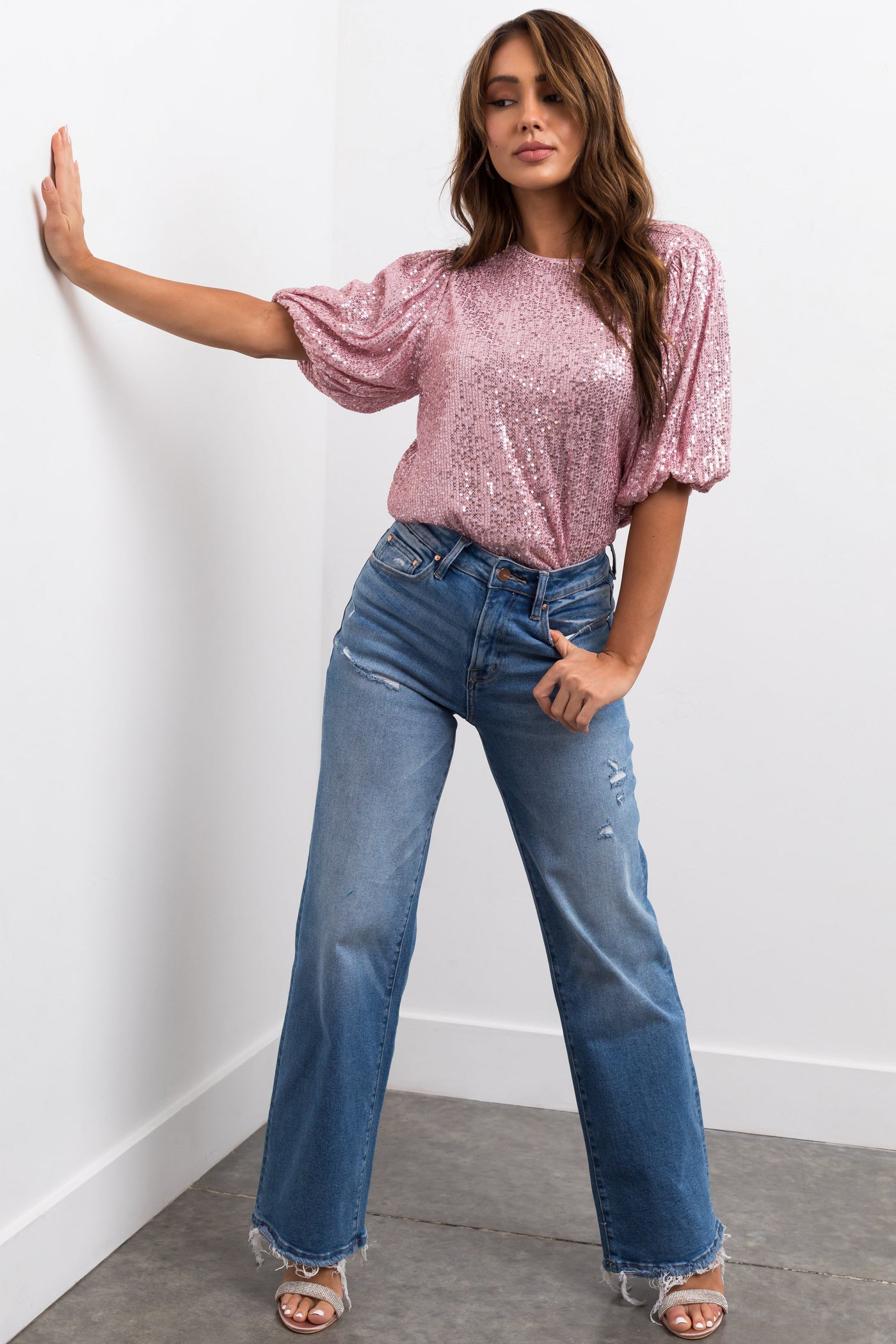 Medium Wash High Rise Wide Leg Distressed Jeans