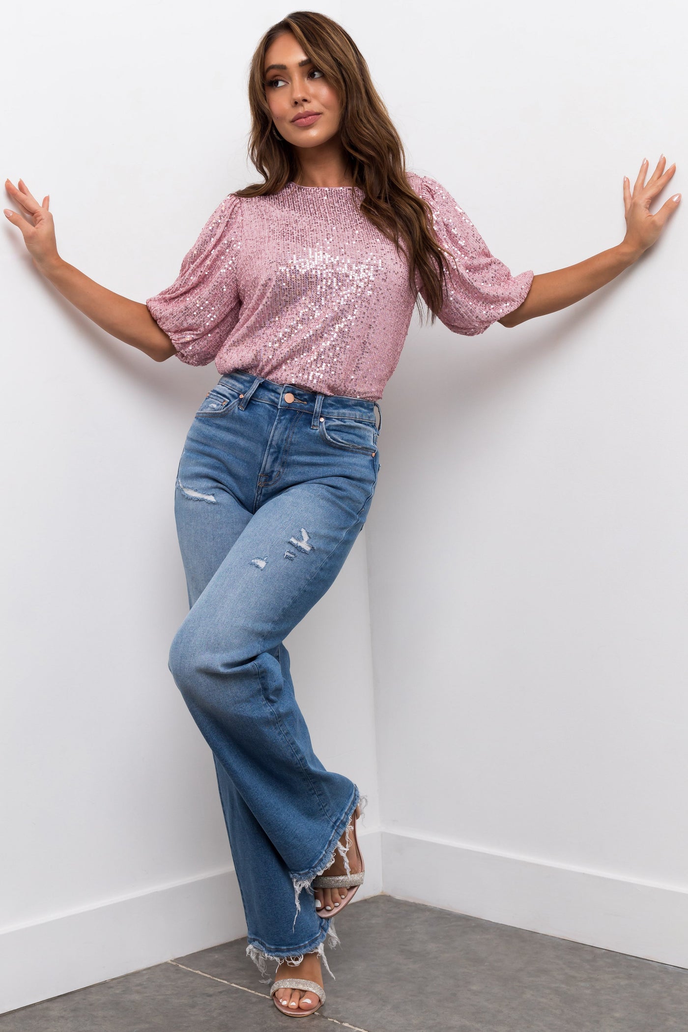 Medium Wash High Rise Wide Leg Distressed Jeans