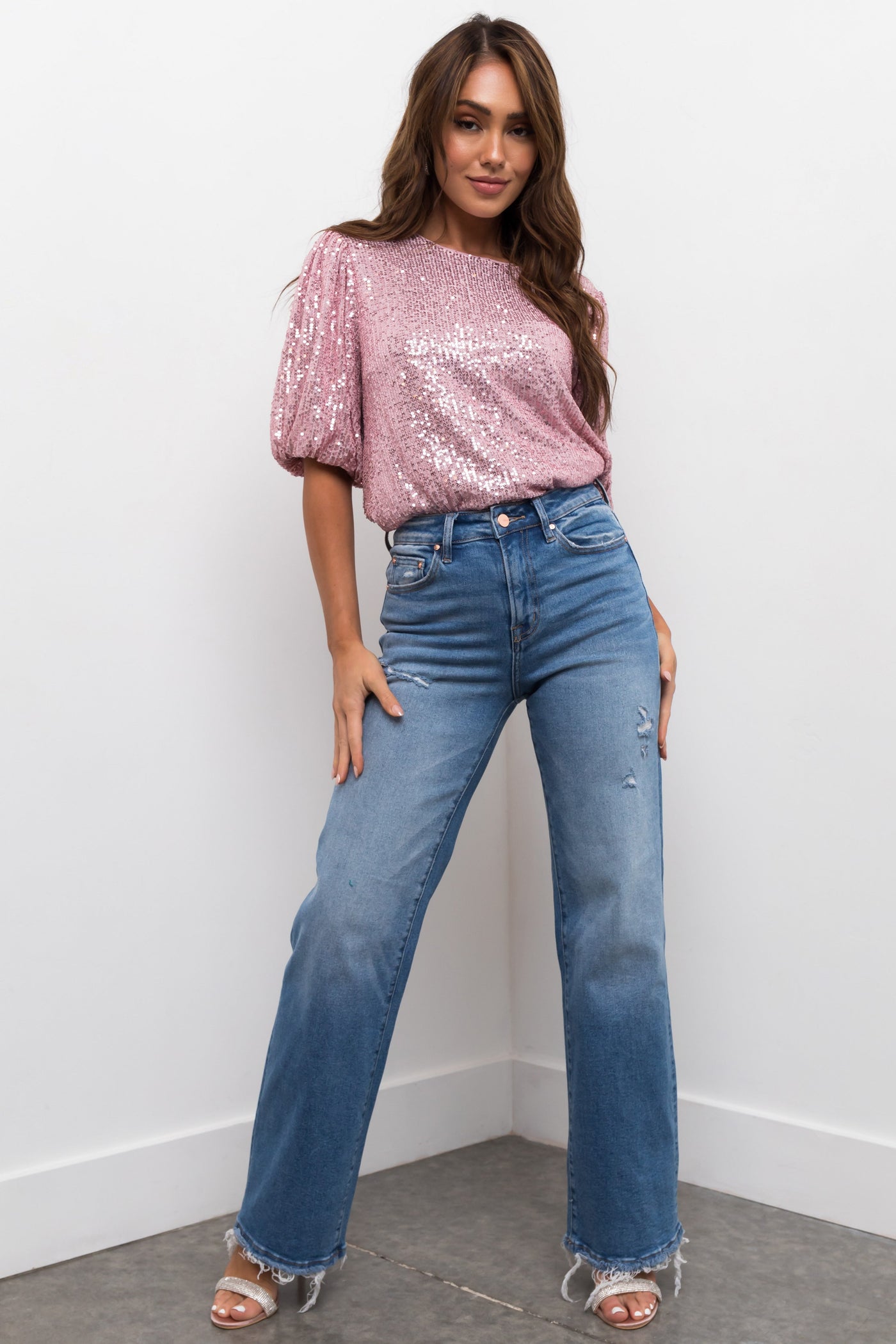 Medium Wash High Rise Wide Leg Distressed Jeans