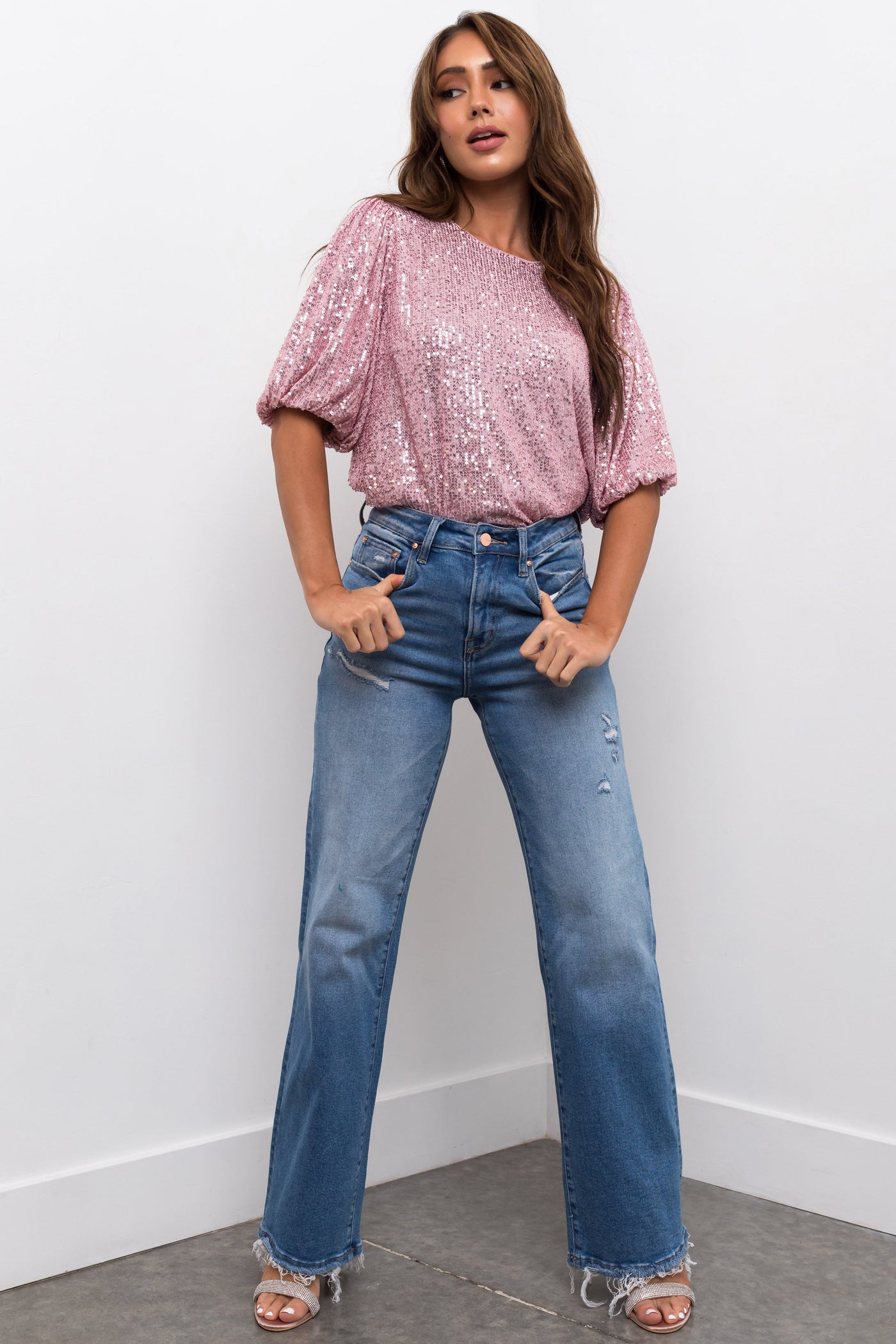 Medium Wash High Rise Wide Leg Distressed Jeans