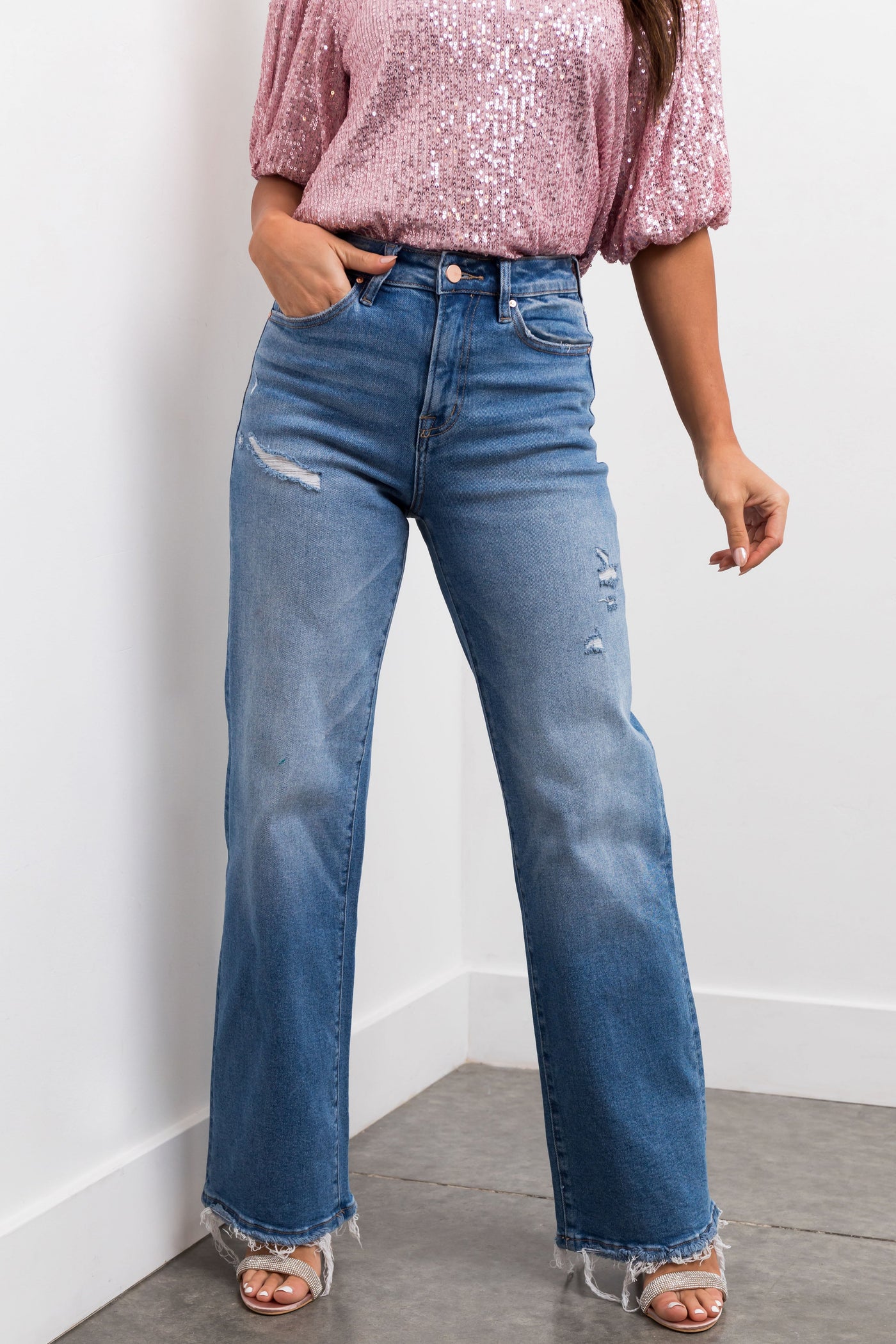 Medium Wash High Rise Wide Leg Distressed Jeans