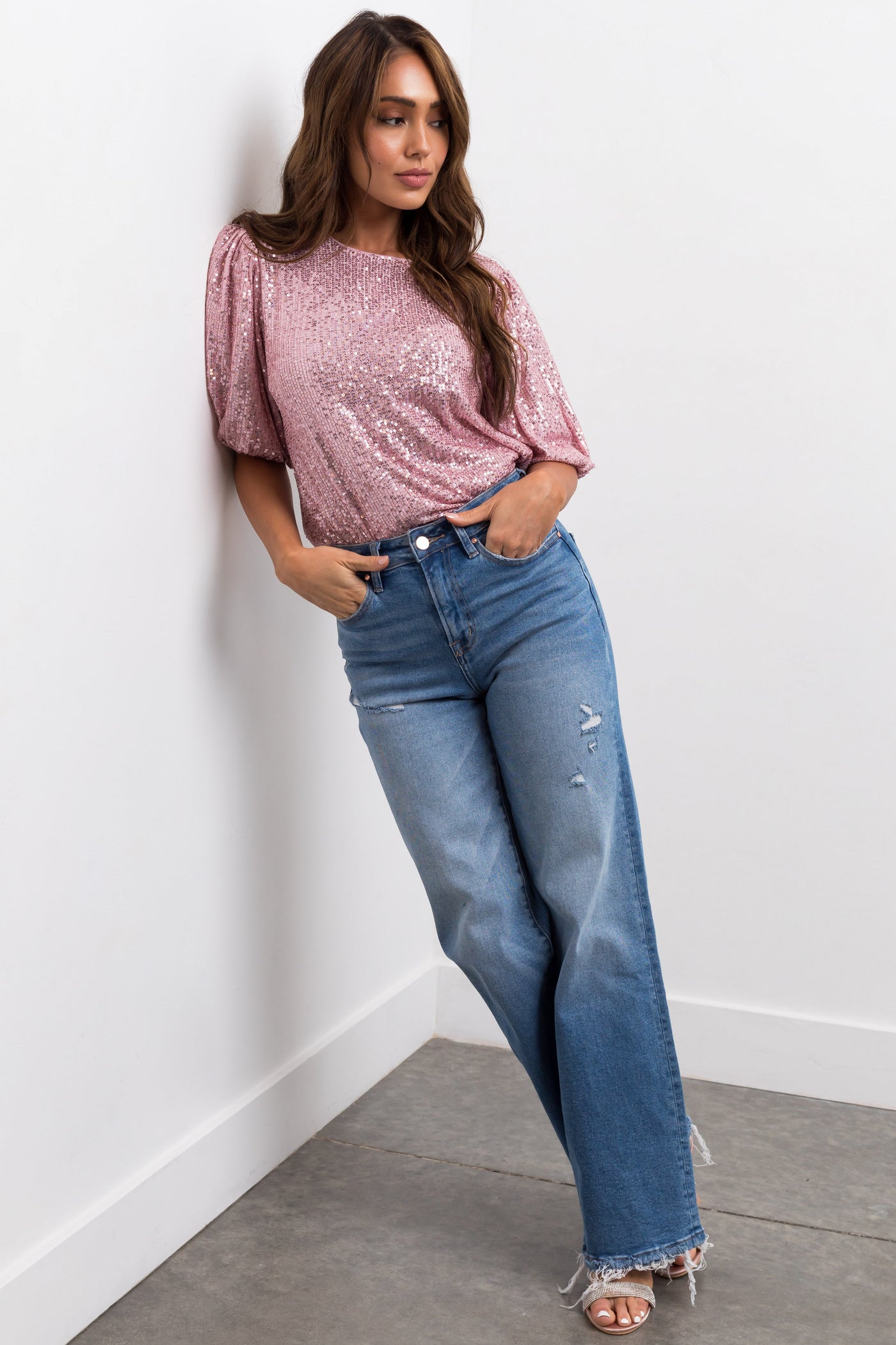 Medium Wash High Rise Wide Leg Distressed Jeans