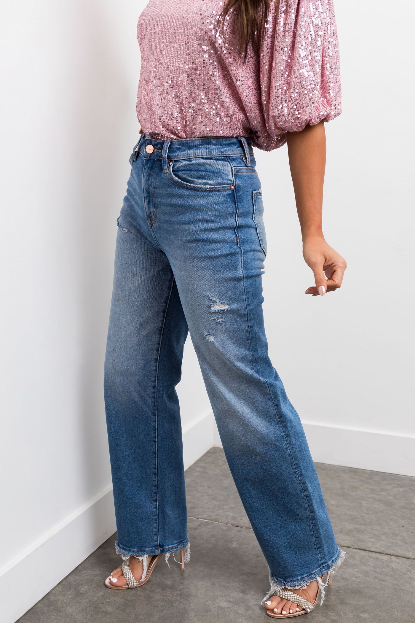 Medium Wash High Rise Wide Leg Distressed Jeans