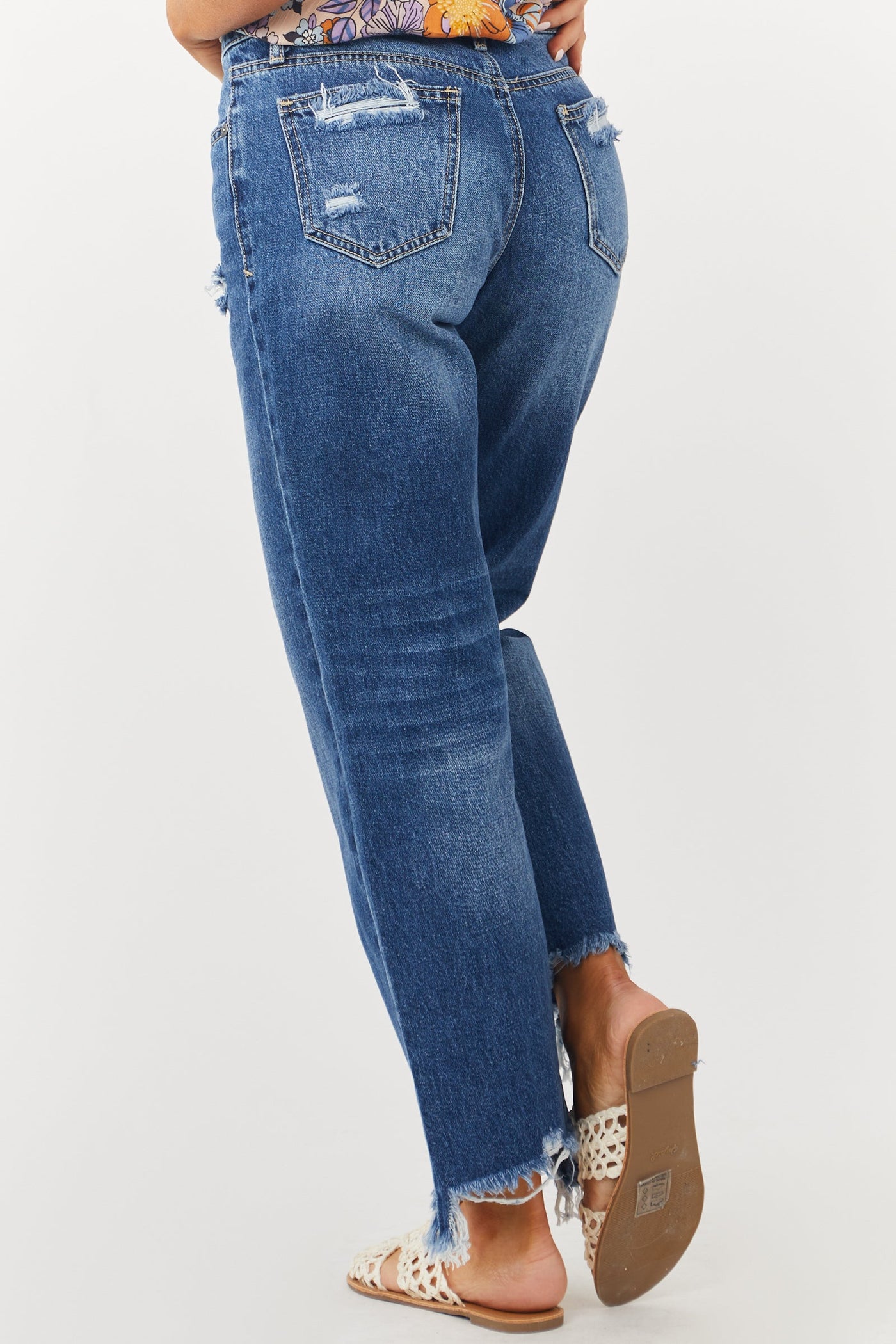 Medium Wash Mid Rise Button Fly Distressed Jeans