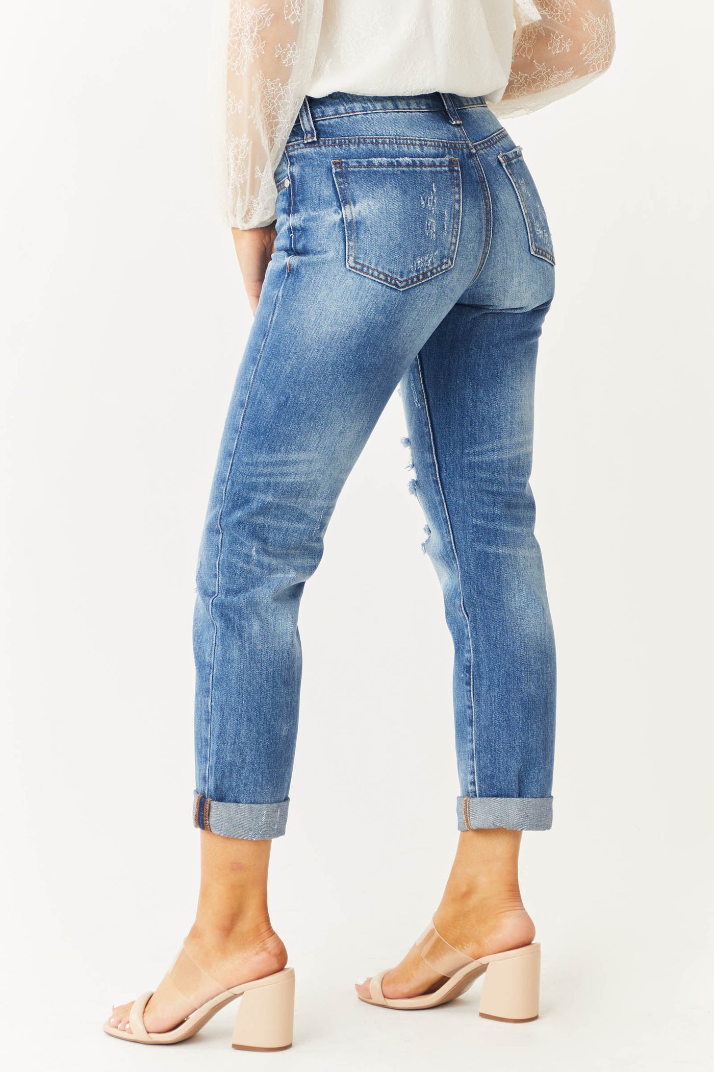 Medium Wash Mid Rise Distressed Jeans with Rolled Cuffs