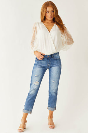 Medium Wash Mid Rise Distressed Jeans with Rolled Cuffs
