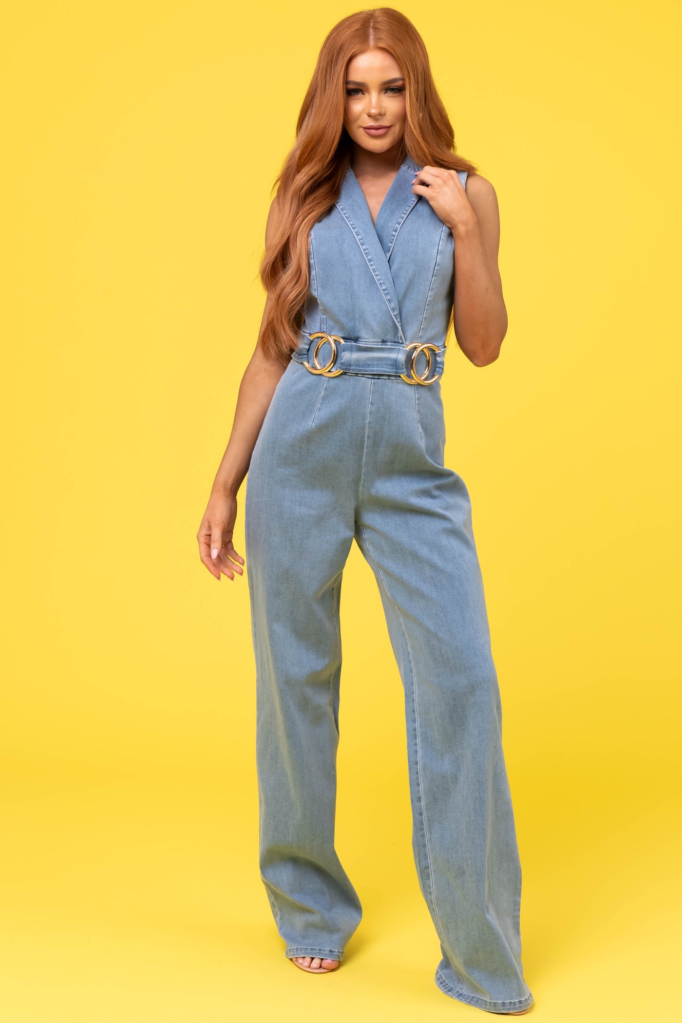 Medium Wash Sleeveless Denim Jumpsuit