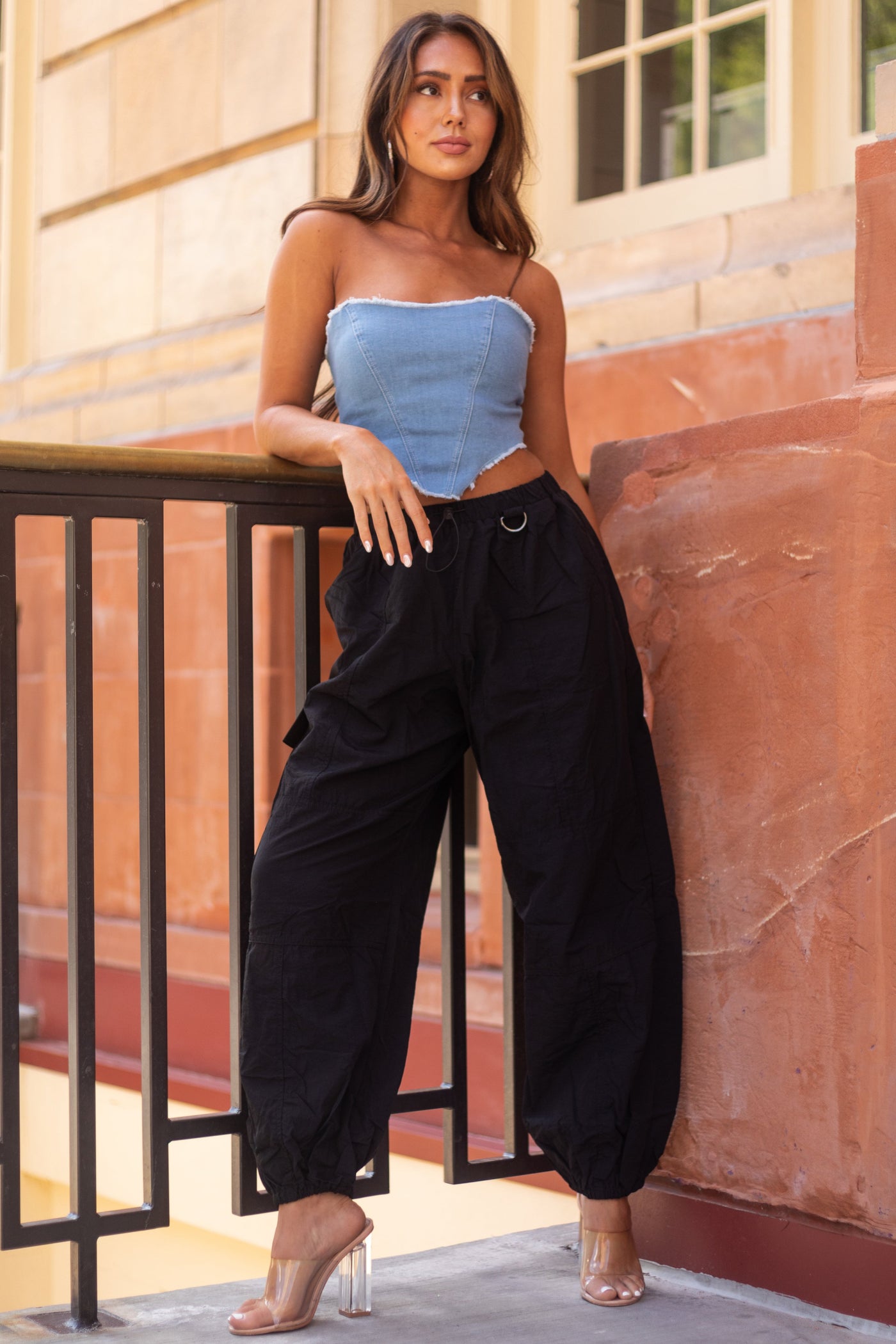 Medium Wash Strapless Denim Crop Top