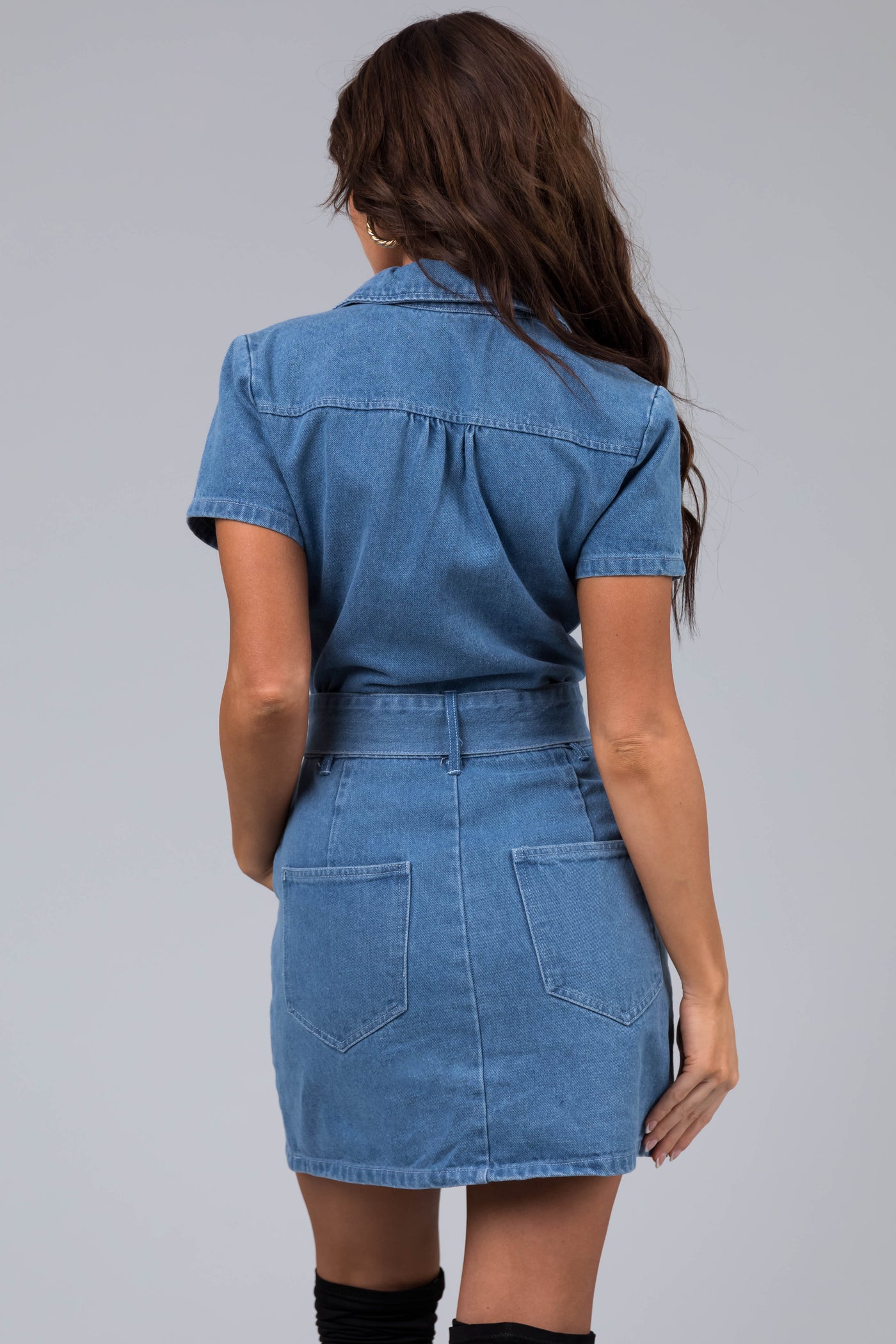Medium Wash Zip Up Denim Dress with Western Belt