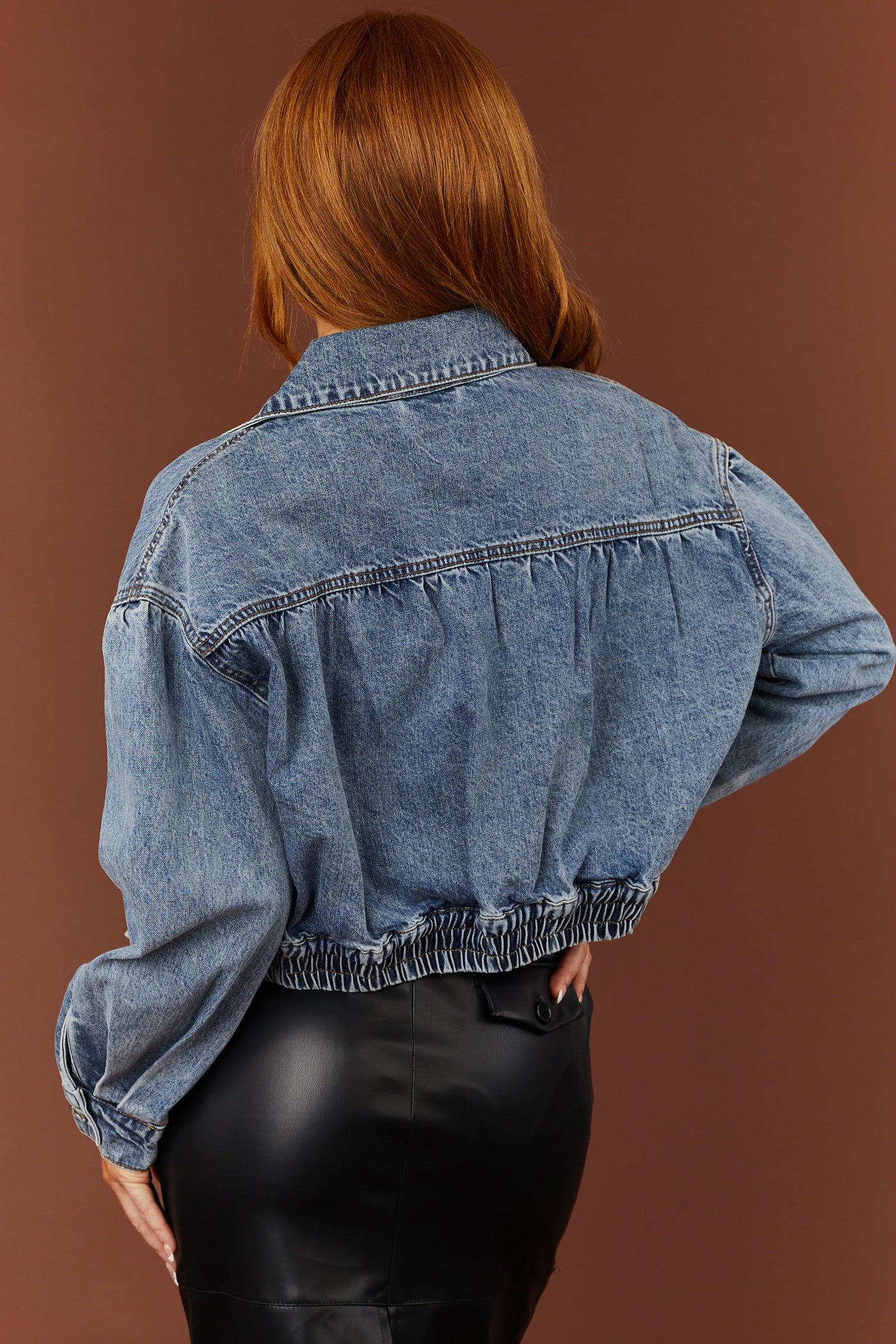 Medium Washed Denim Cropped Bomber Jacket