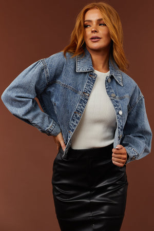 Medium Washed Denim Cropped Bomber Jacket