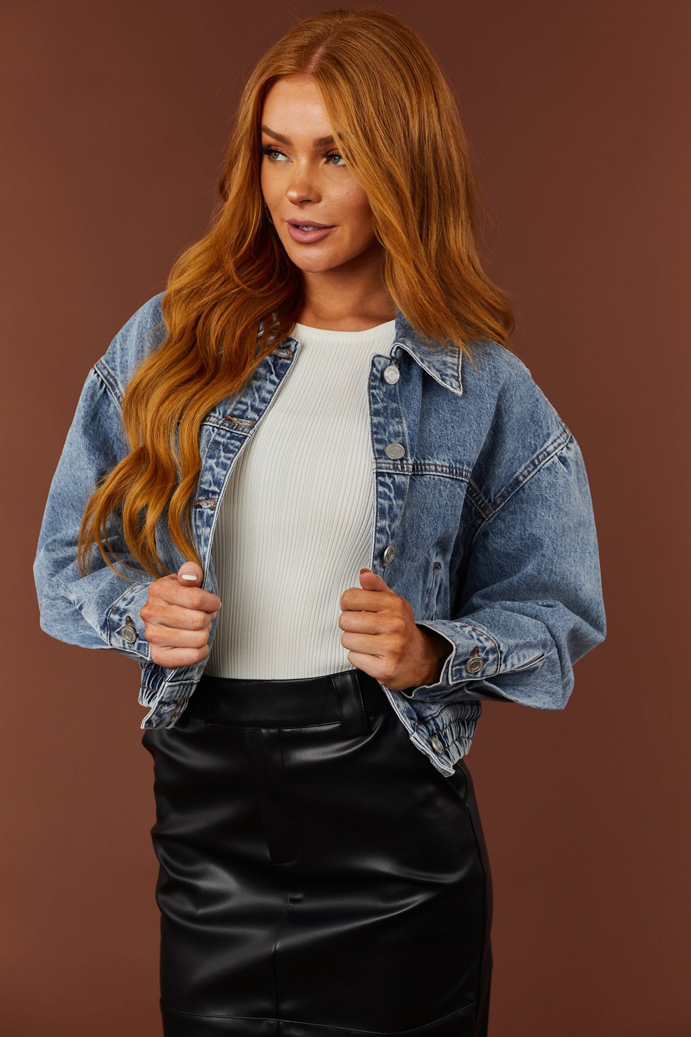 Medium Washed Denim Cropped Bomber Jacket
