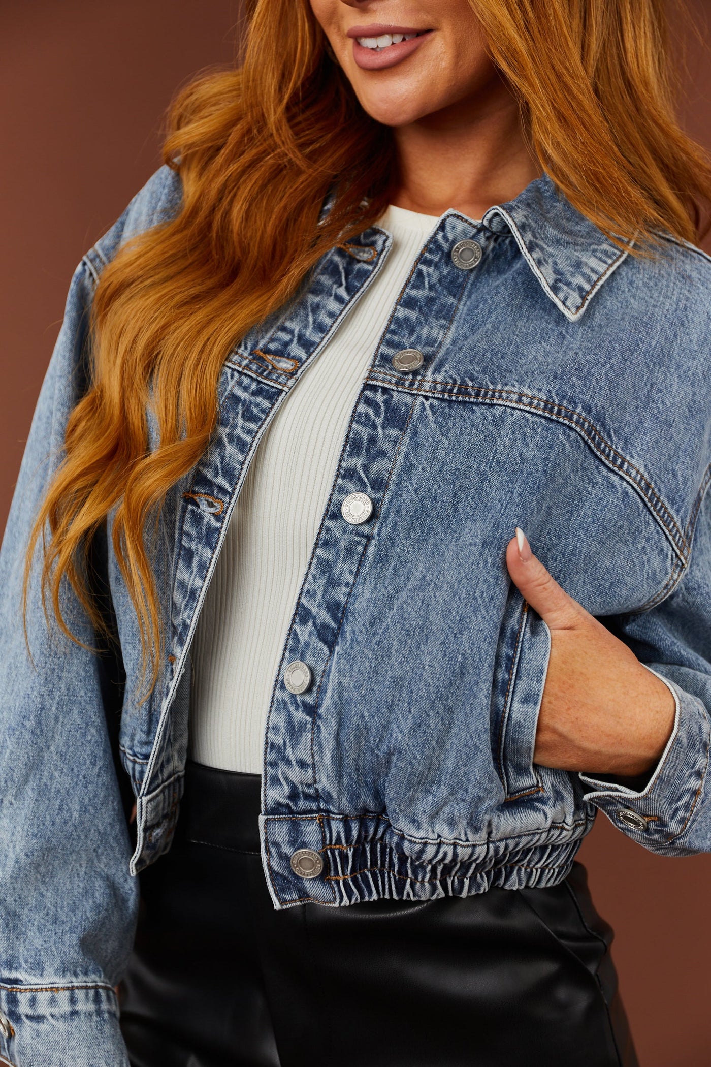 Medium Washed Denim Cropped Bomber Jacket