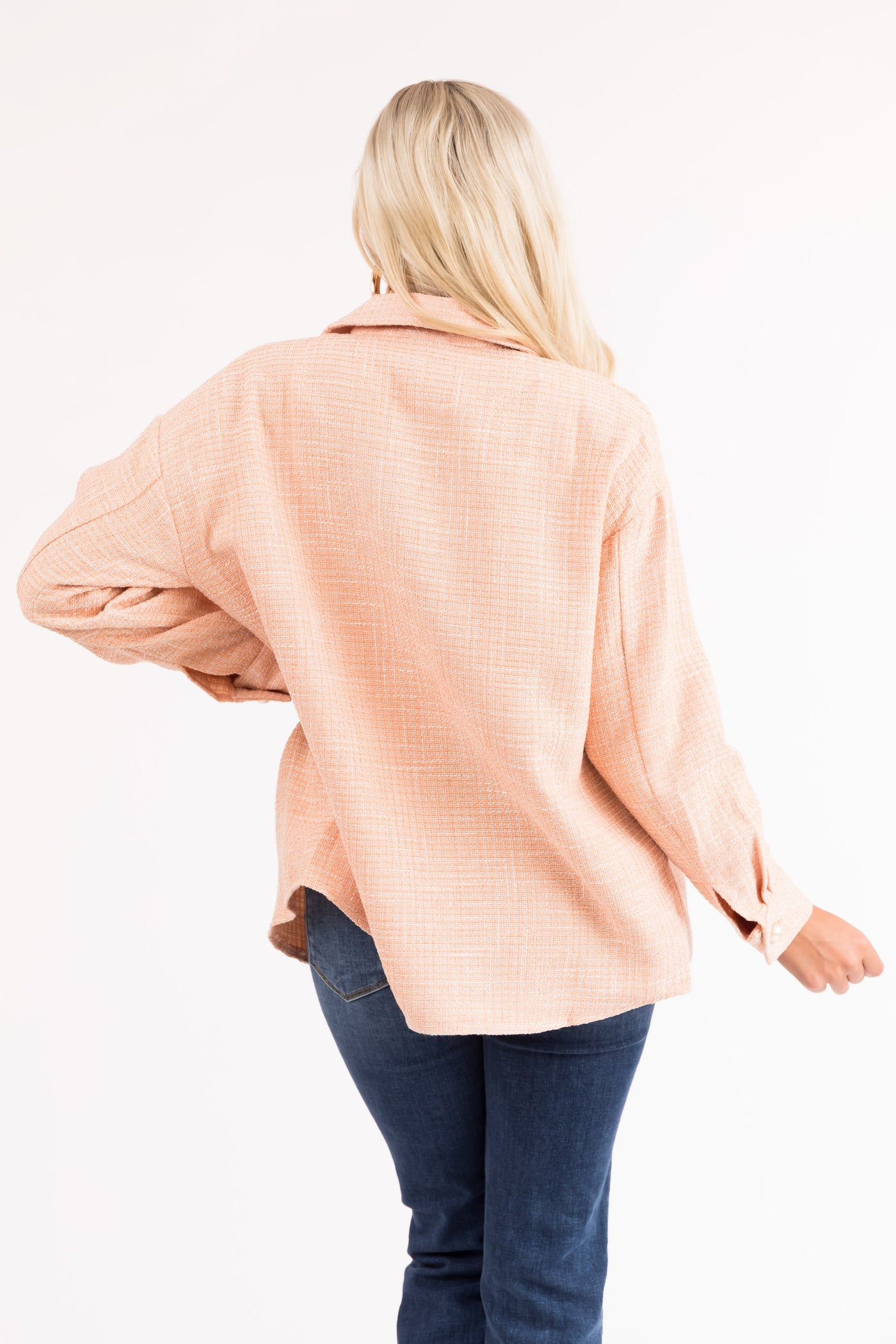 Melon Long Sleeve Tweed Pearl Buttoned Shacket