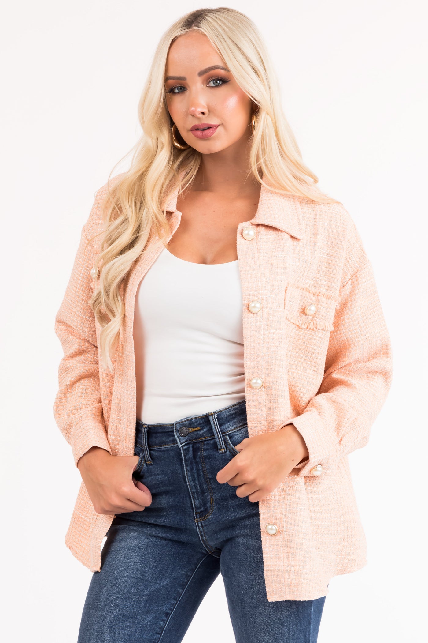 Melon Long Sleeve Tweed Pearl Buttoned Shacket