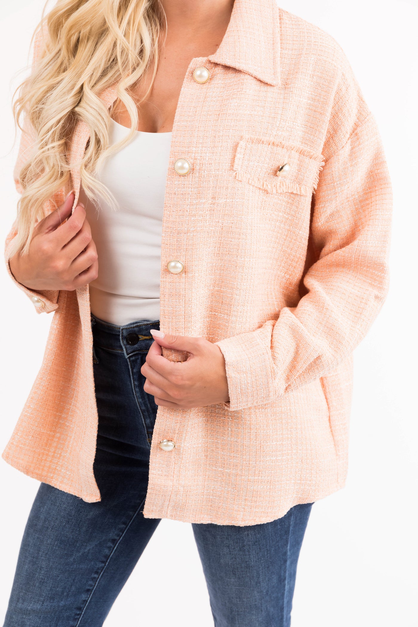 Melon Long Sleeve Tweed Pearl Buttoned Shacket