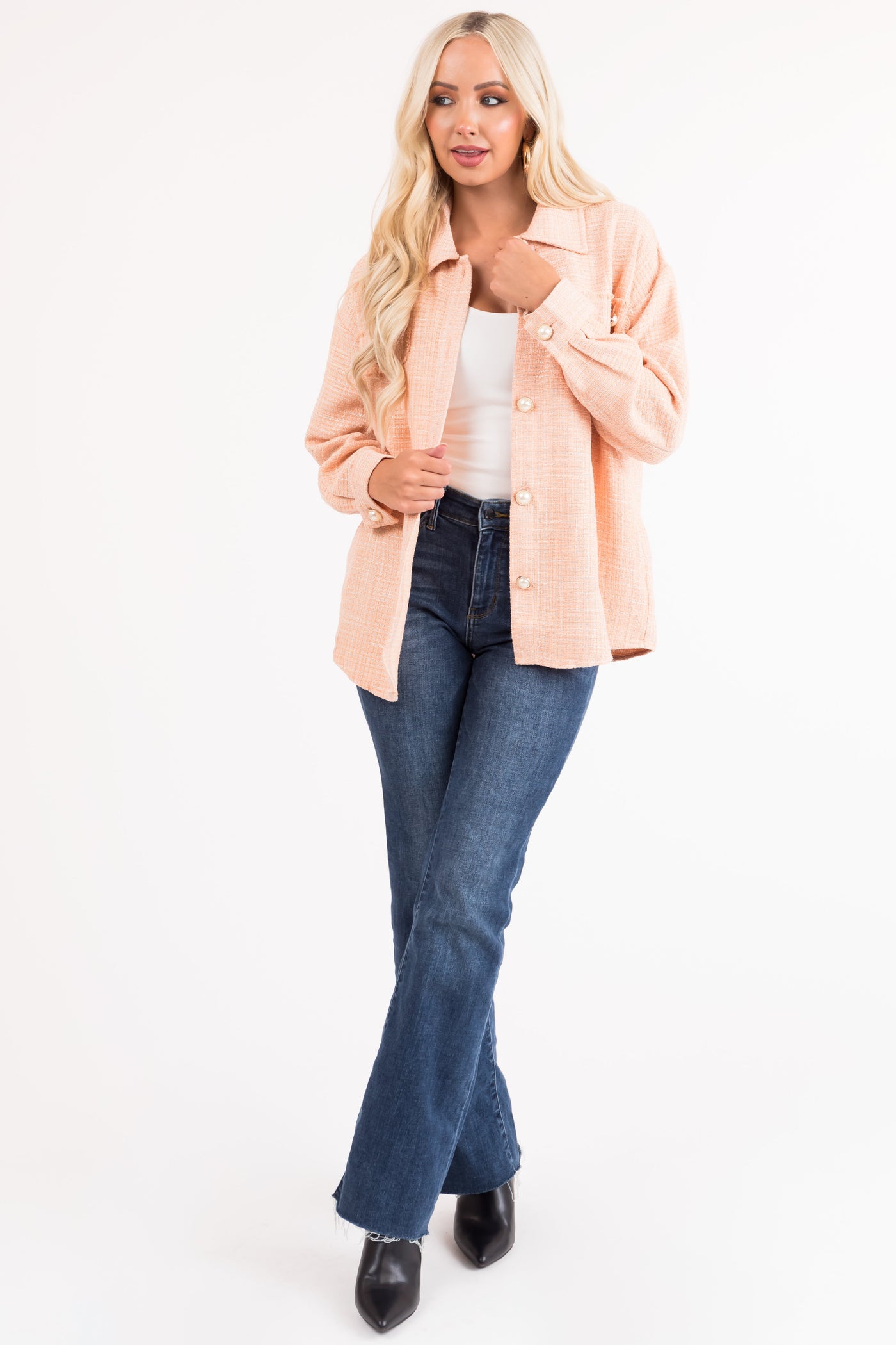 Melon Long Sleeve Tweed Pearl Buttoned Shacket