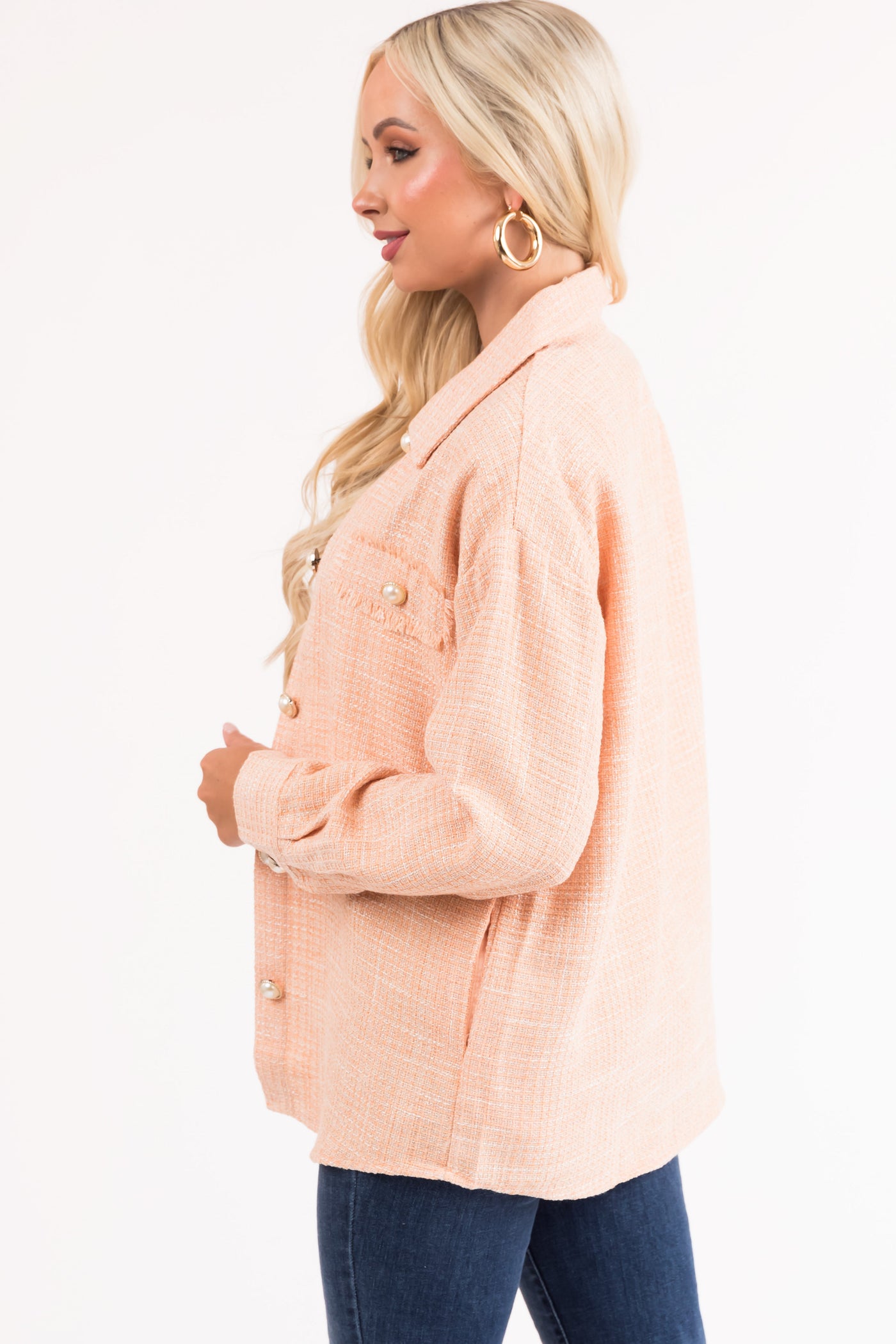 Melon Long Sleeve Tweed Pearl Buttoned Shacket