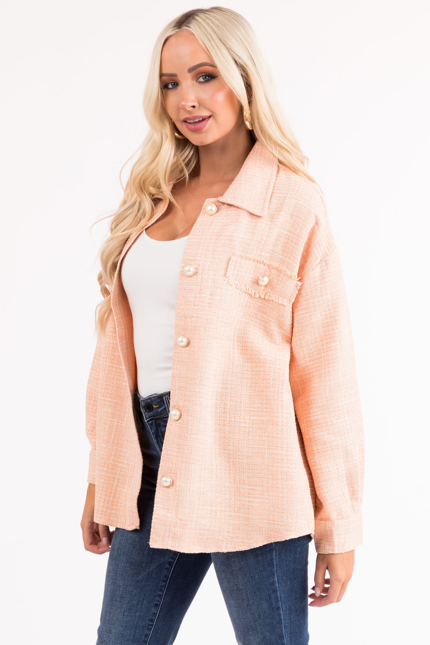Melon Long Sleeve Tweed Pearl Buttoned Shacket