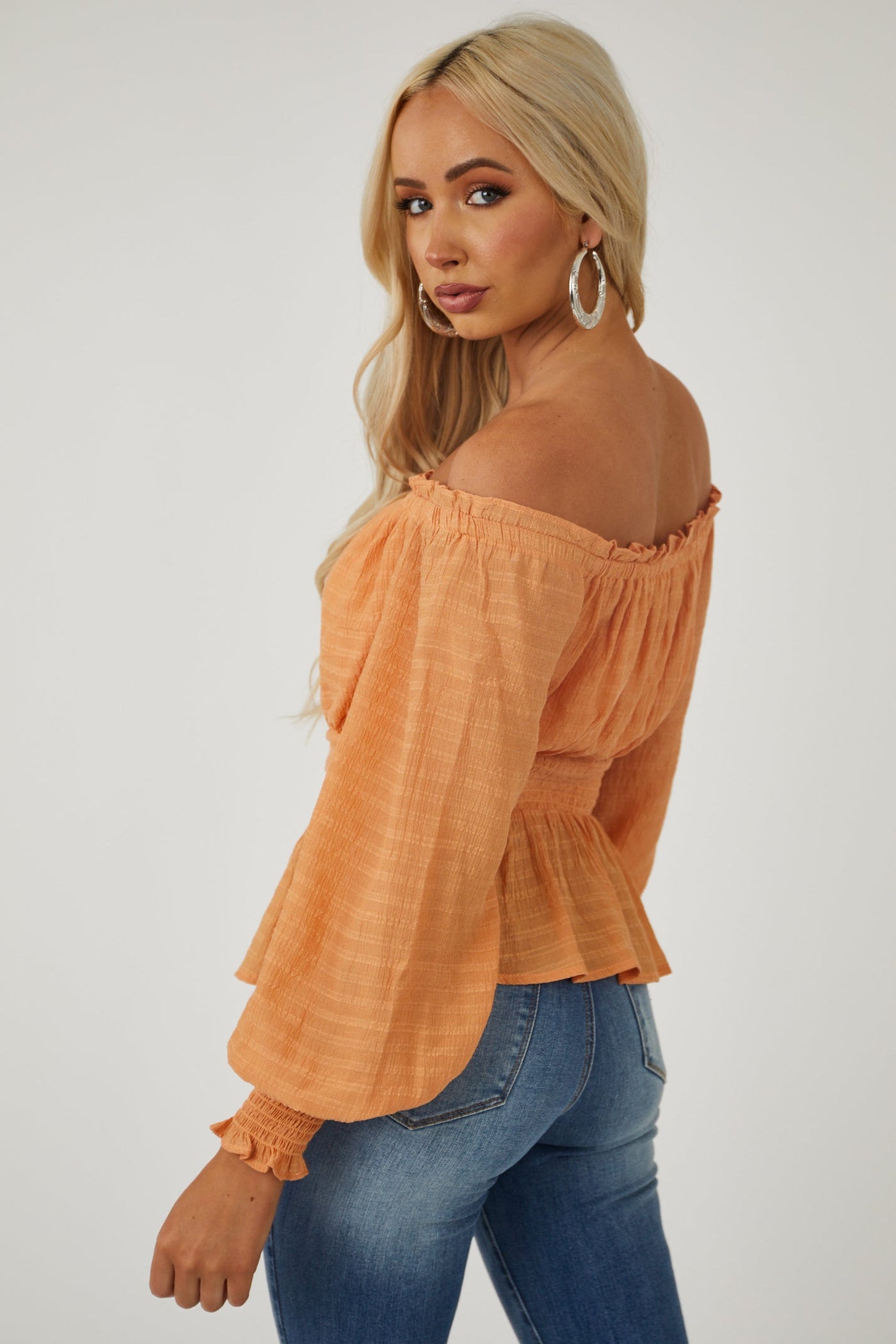 Melon Off Shoulder Drop Waist Textured Blouse