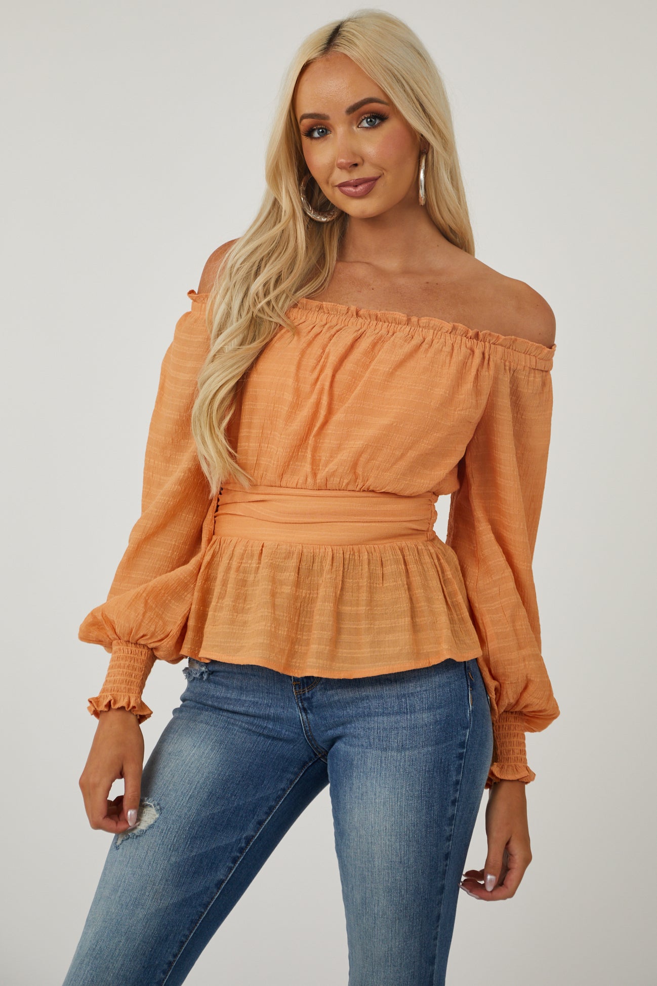 Melon Off Shoulder Drop Waist Textured Blouse