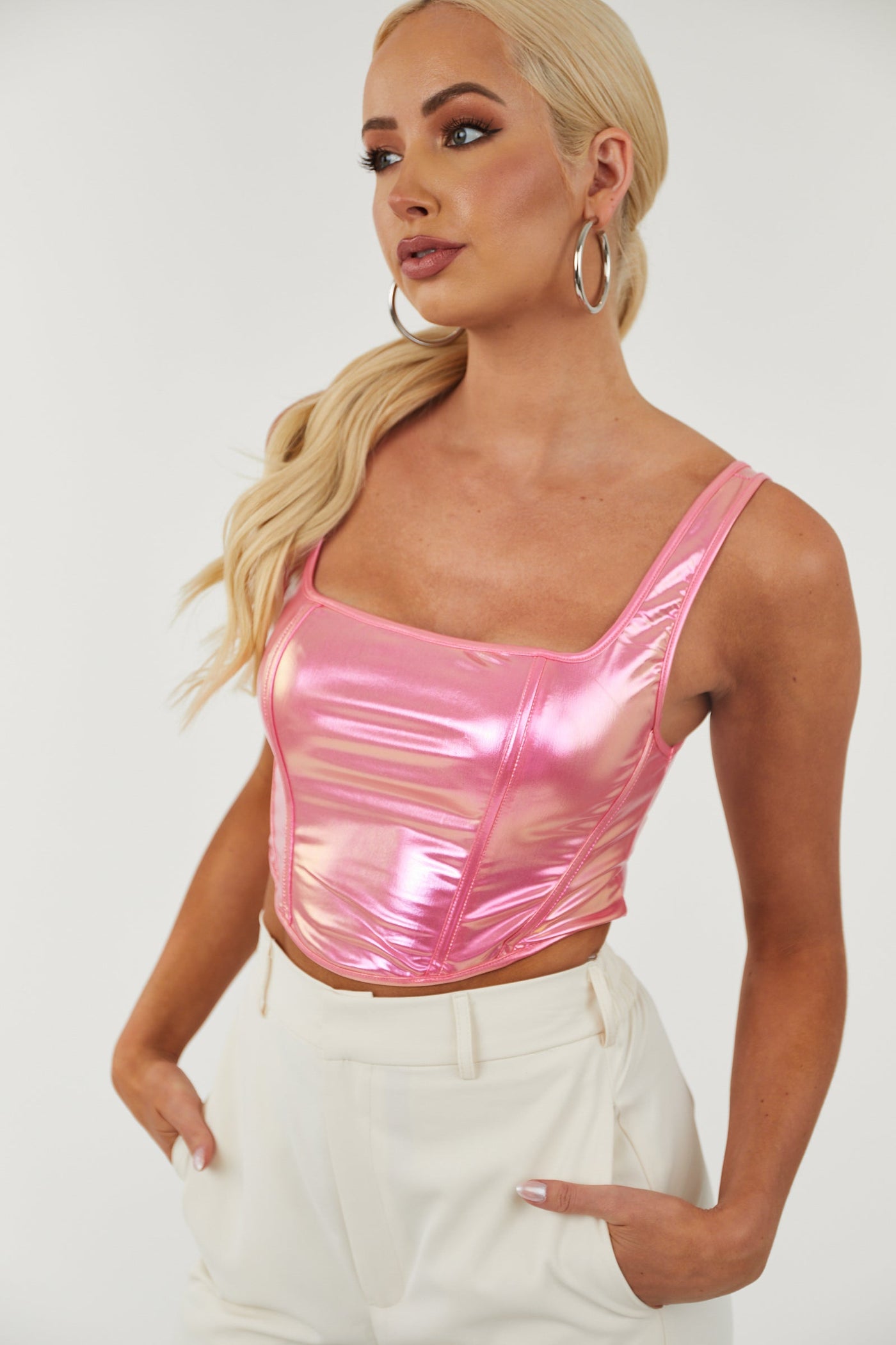 Metallic Punch Pink Cropped Corset Tank Top