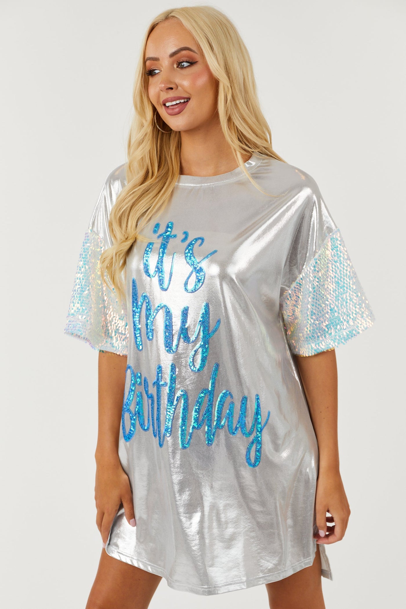 Metallic Silver 'It's My Birthday' Tee Shirt Dress