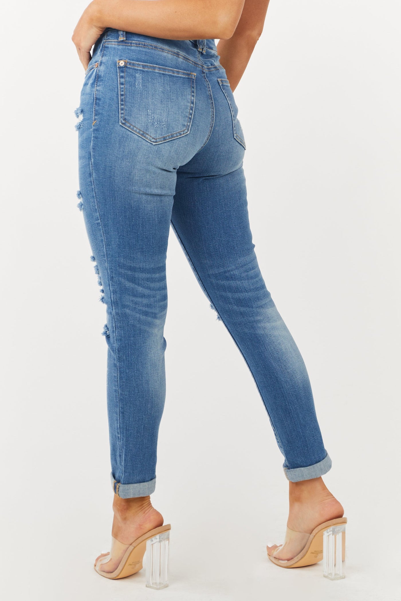 Mid Dark Wash Mid Rise Distressed Skinny Jeans