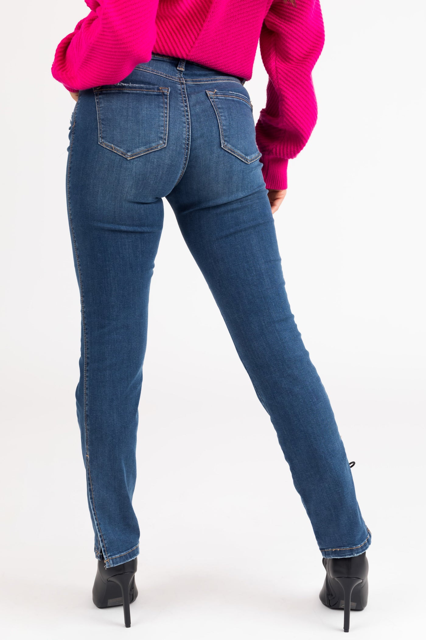 Mid Wash Lightly Distressed Split Hem Jeans