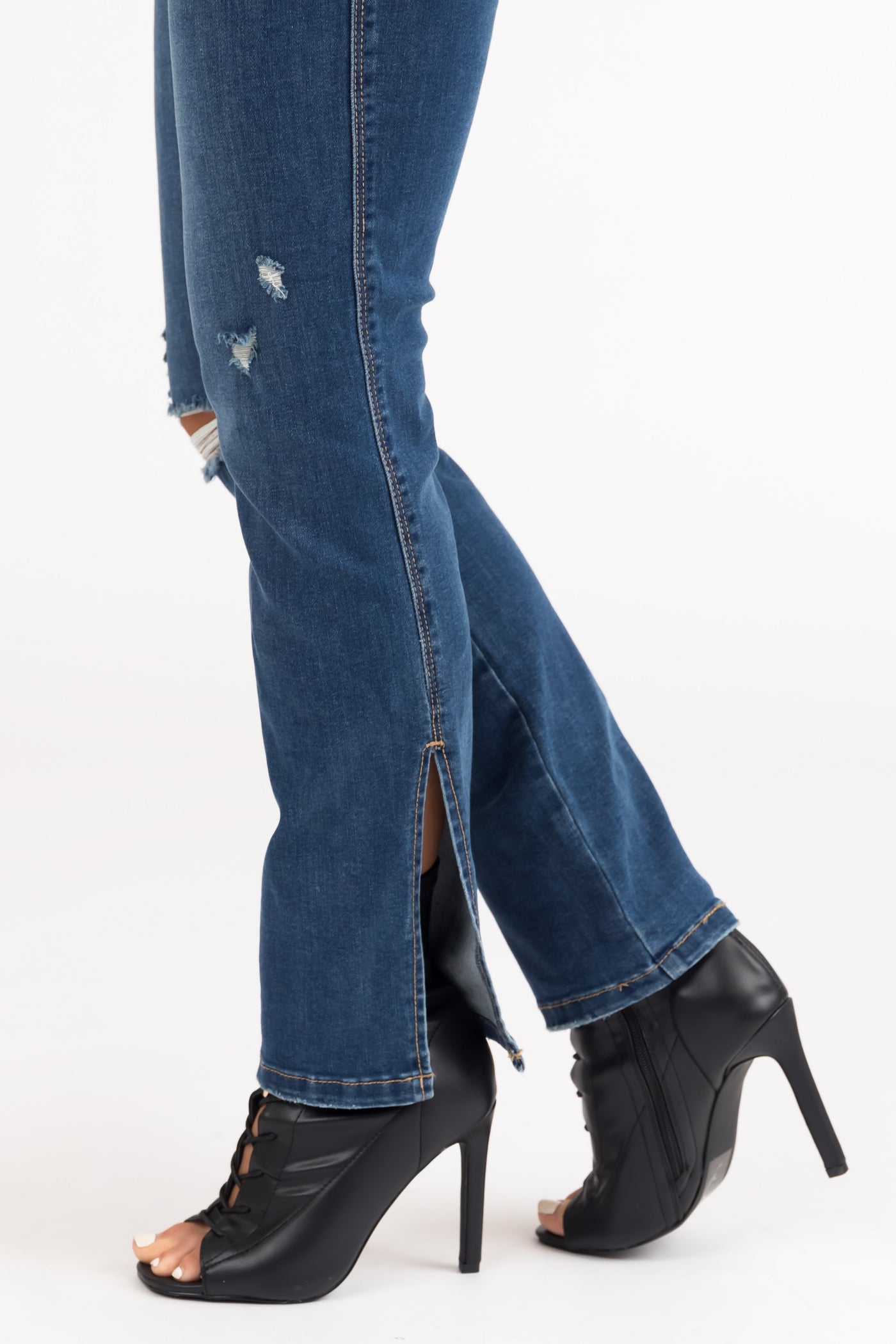 Mid Wash Lightly Distressed Split Hem Jeans