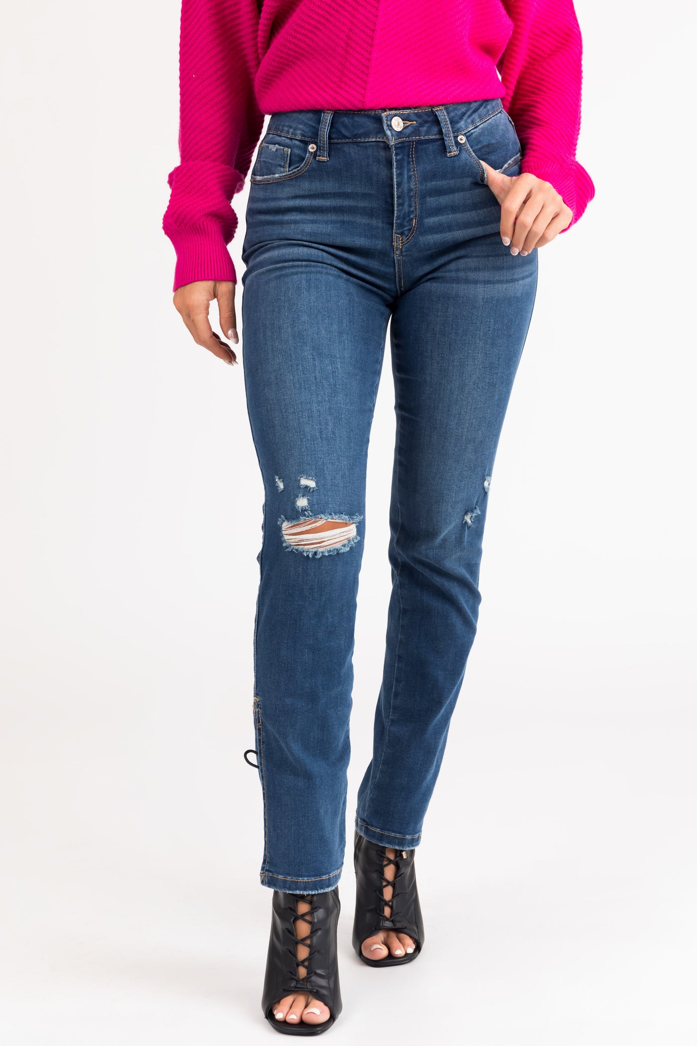 Mid Wash Lightly Distressed Split Hem Jeans