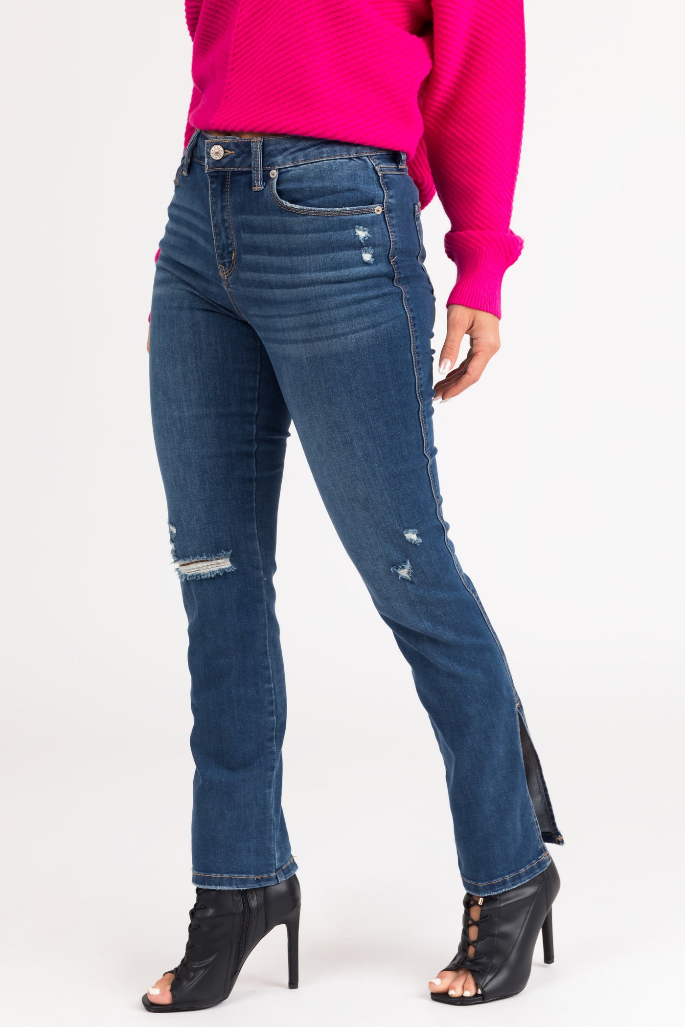 Mid Wash Lightly Distressed Split Hem Jeans