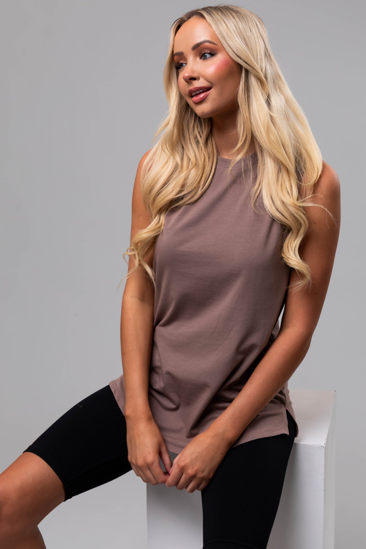 Mocha Crew Neck Flowy Knit Tank Top