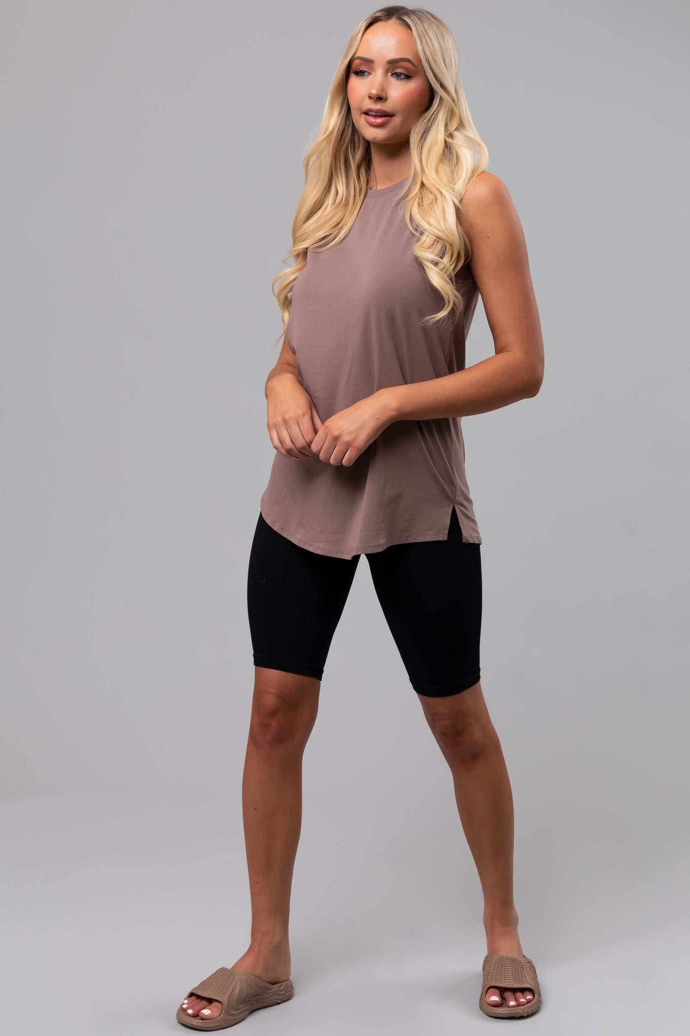 Mocha Crew Neck Flowy Knit Tank Top