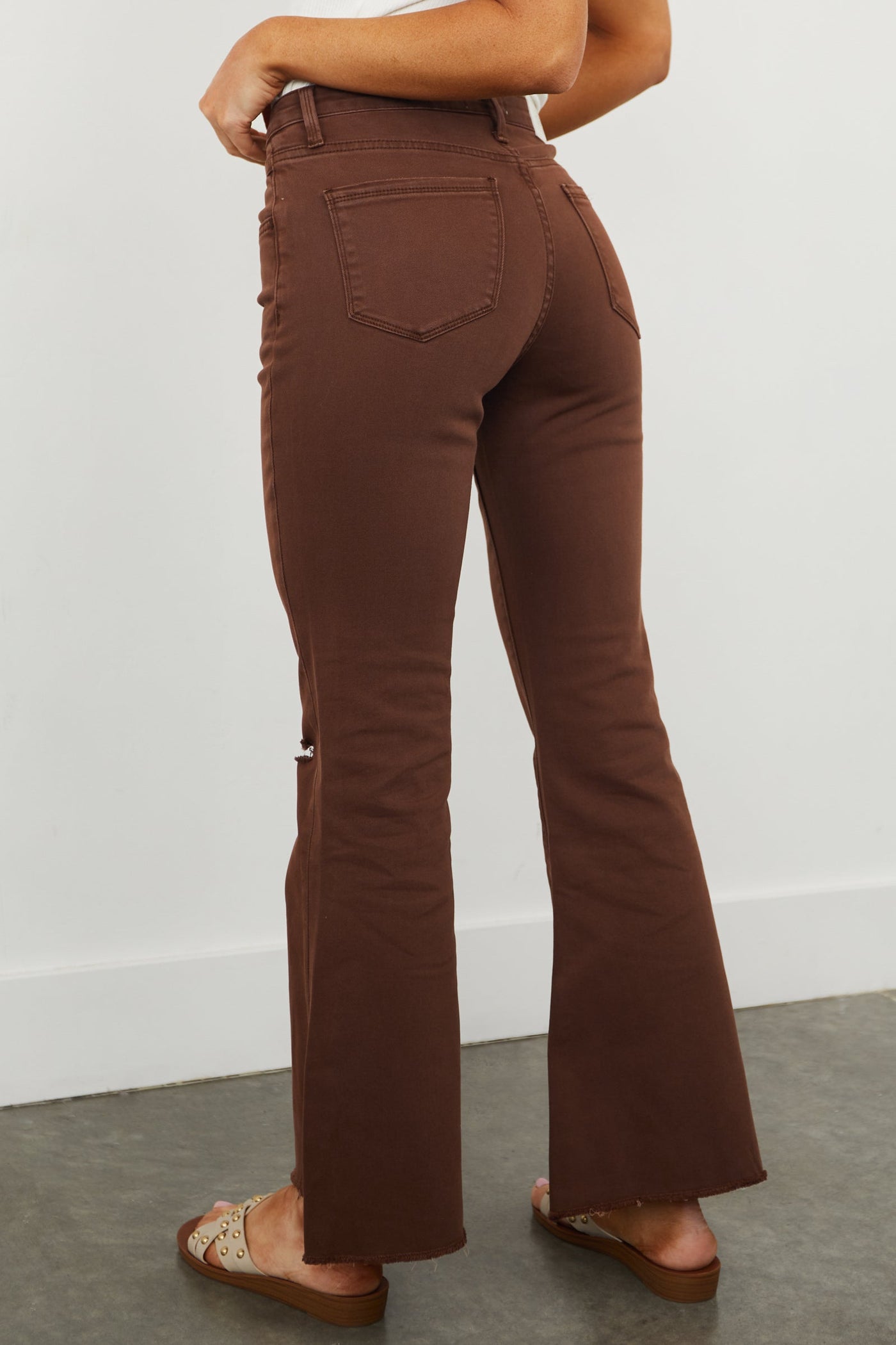 Mocha High Rise Lightly Distressed Flare Jeans