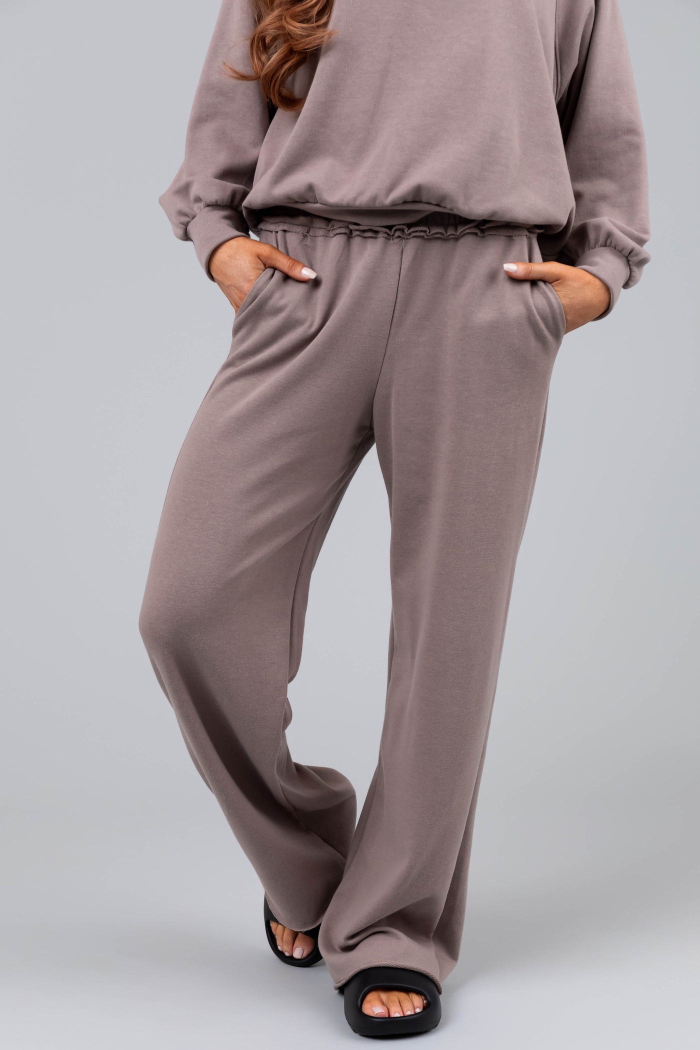 Mocha Wide Leg Smocked Waist Soft Knit Pants