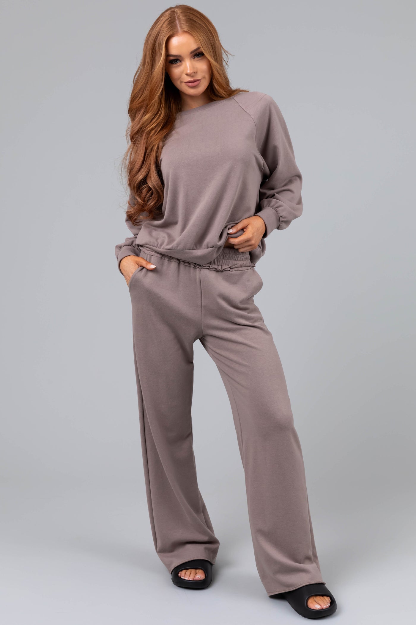 Mocha Wide Leg Smocked Waist Soft Knit Pants