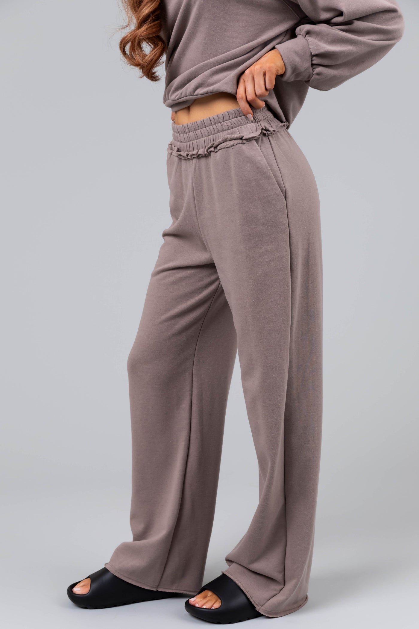 Mocha Wide Leg Smocked Waist Soft Knit Pants