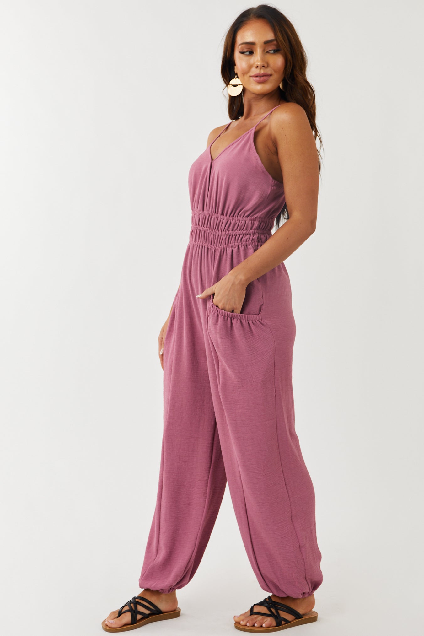 Mulberry Sleeveless Woven Jumpsuit with Pockets