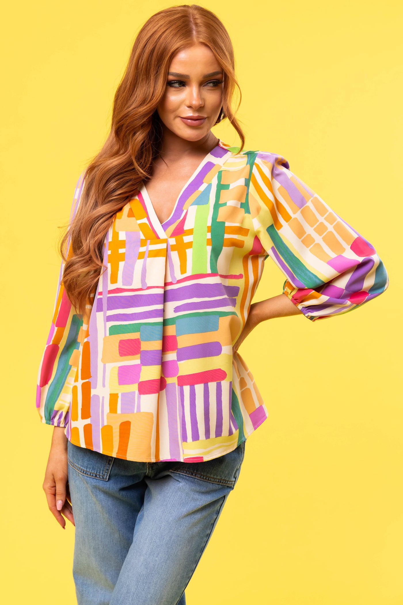 Multicolor Abstract Printed Long Sleeve Blouse