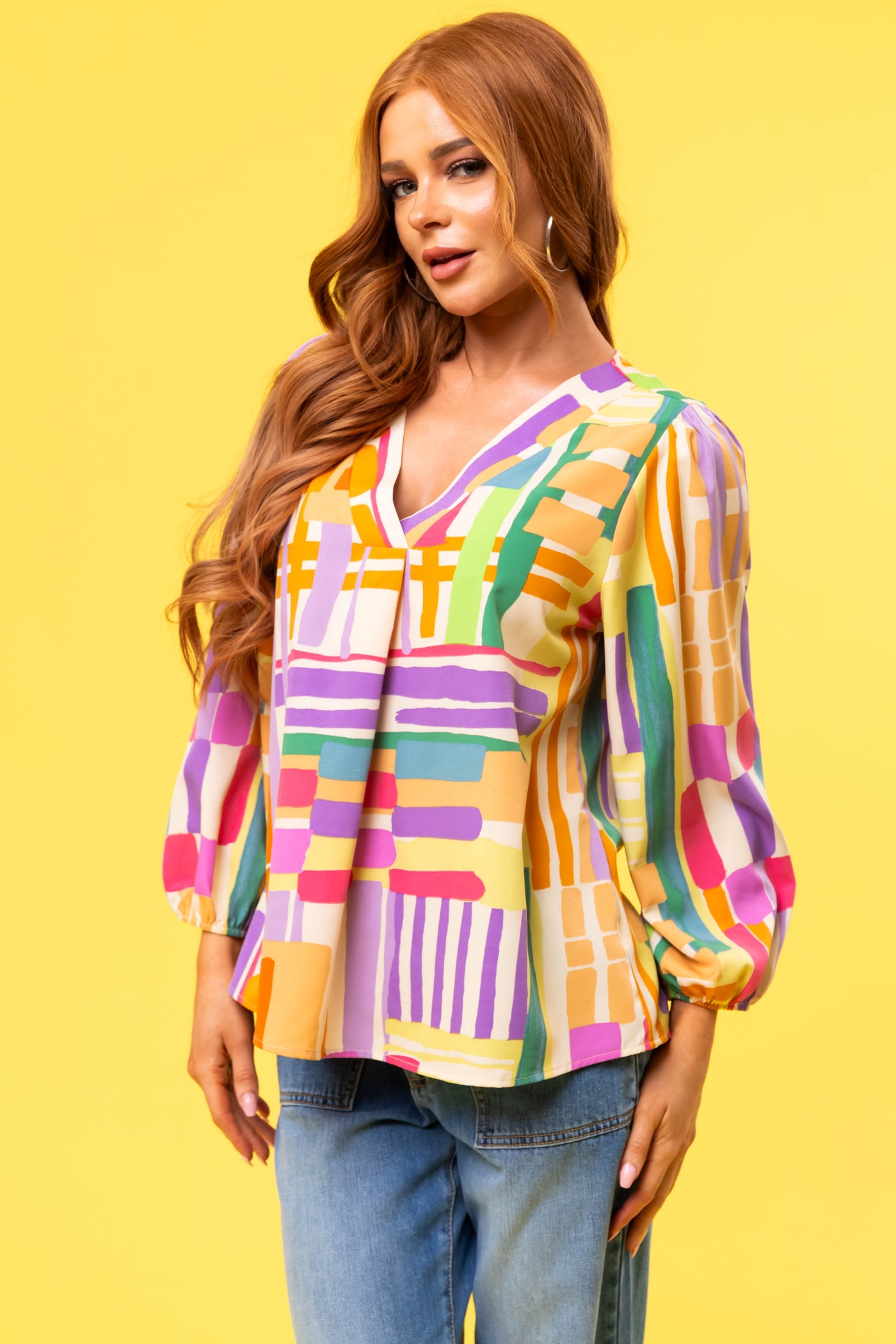 Multicolor Abstract Printed Long Sleeve Blouse
