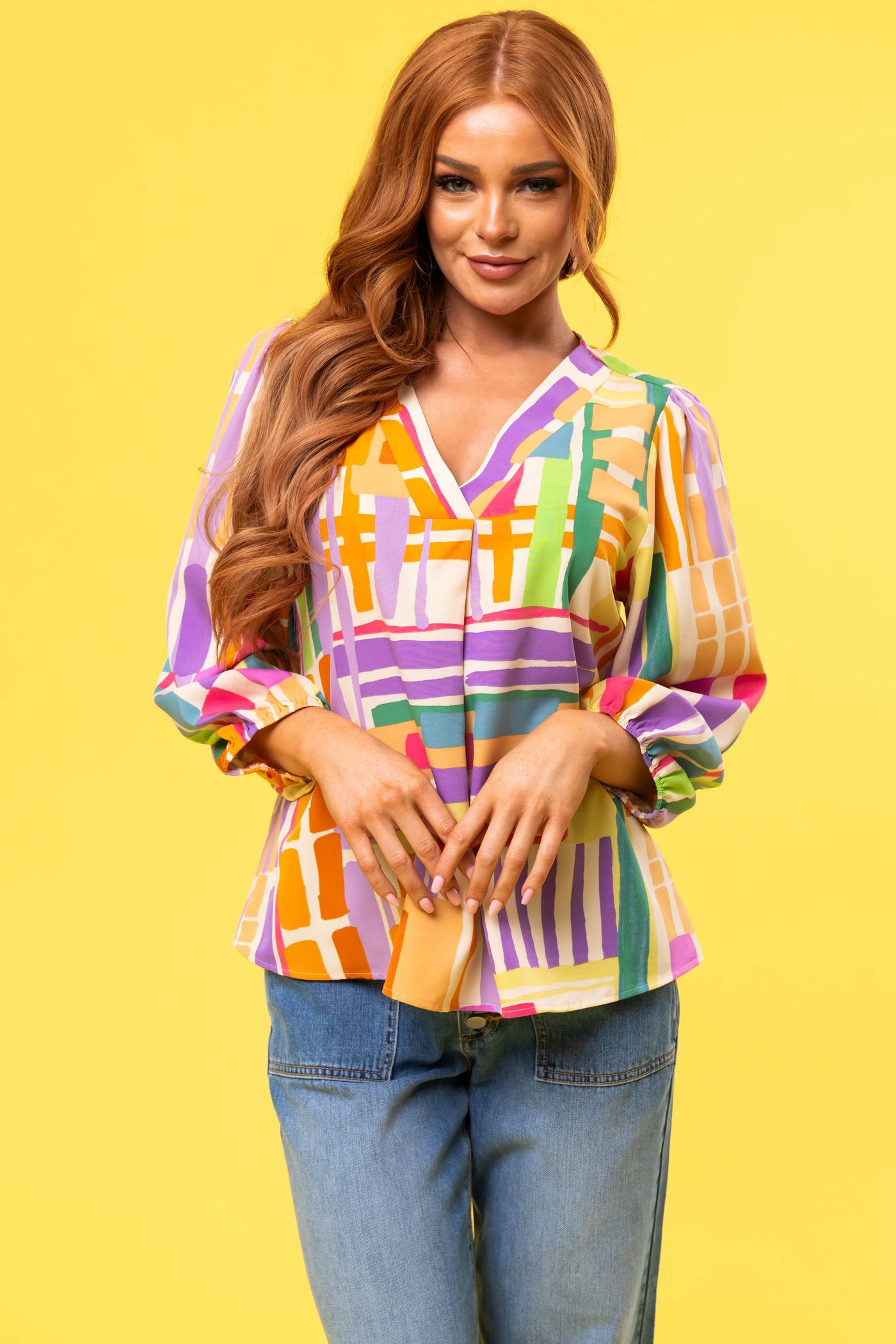 Multicolor Abstract Printed Long Sleeve Blouse