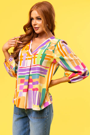 Multicolor Abstract Printed Long Sleeve Blouse