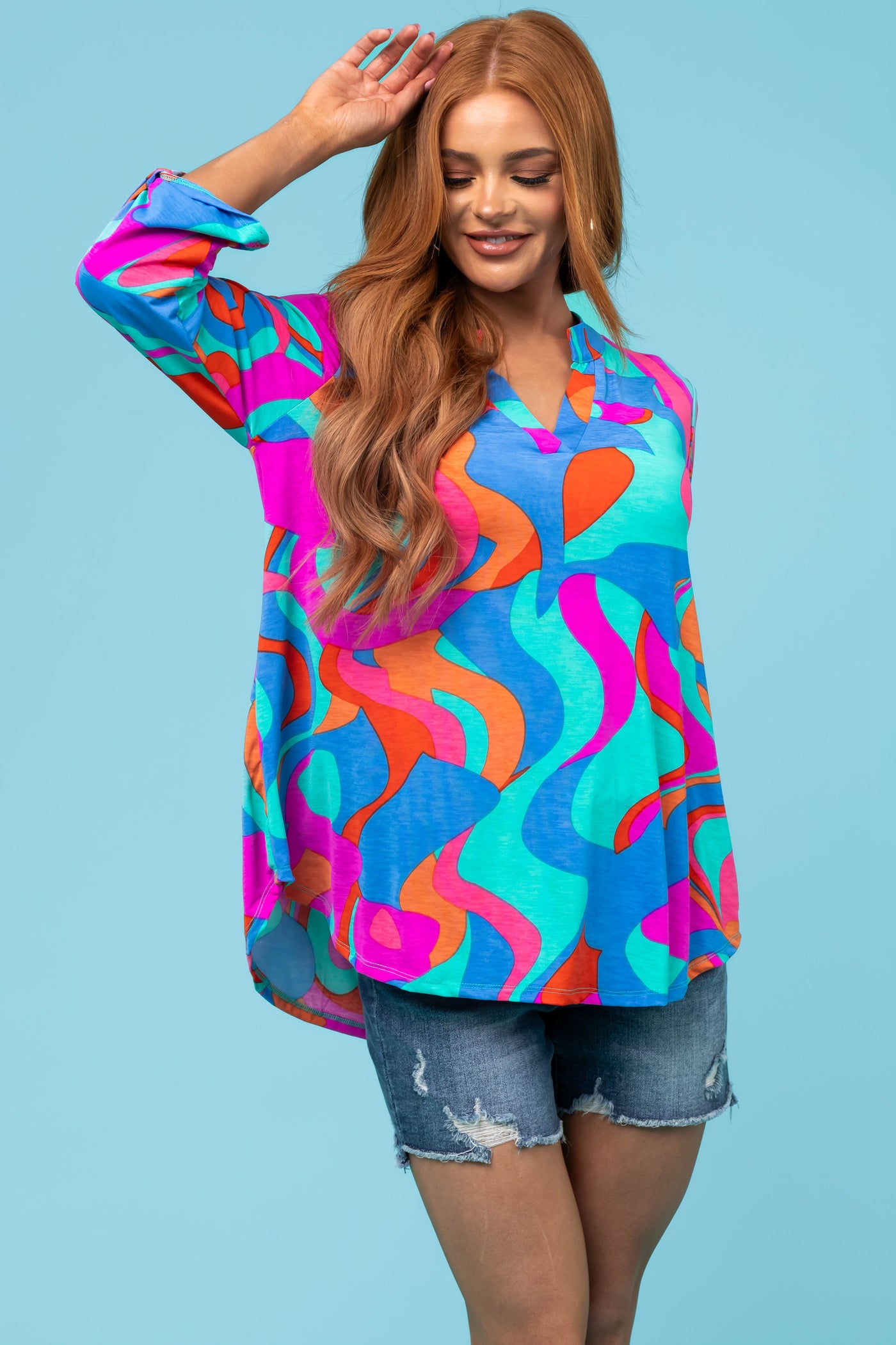 Multicolor Bright Abstract 3/4 Sleeve Knit Blouse