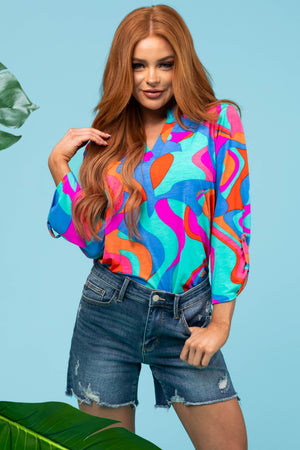 Multicolor Bright Abstract 3/4 Sleeve Knit Blouse