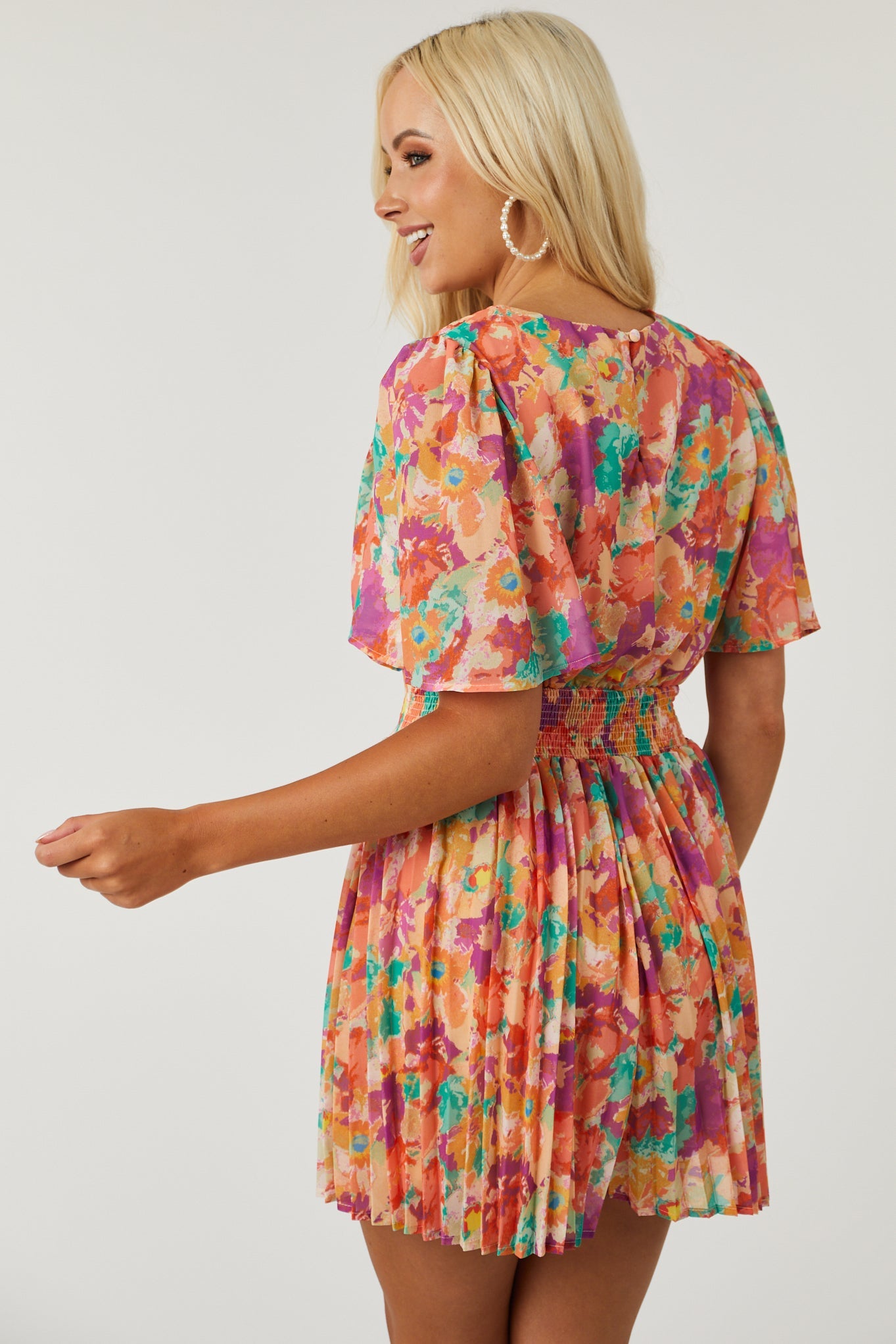Multicolor Floral Flutter Sleeve Pleated Romper