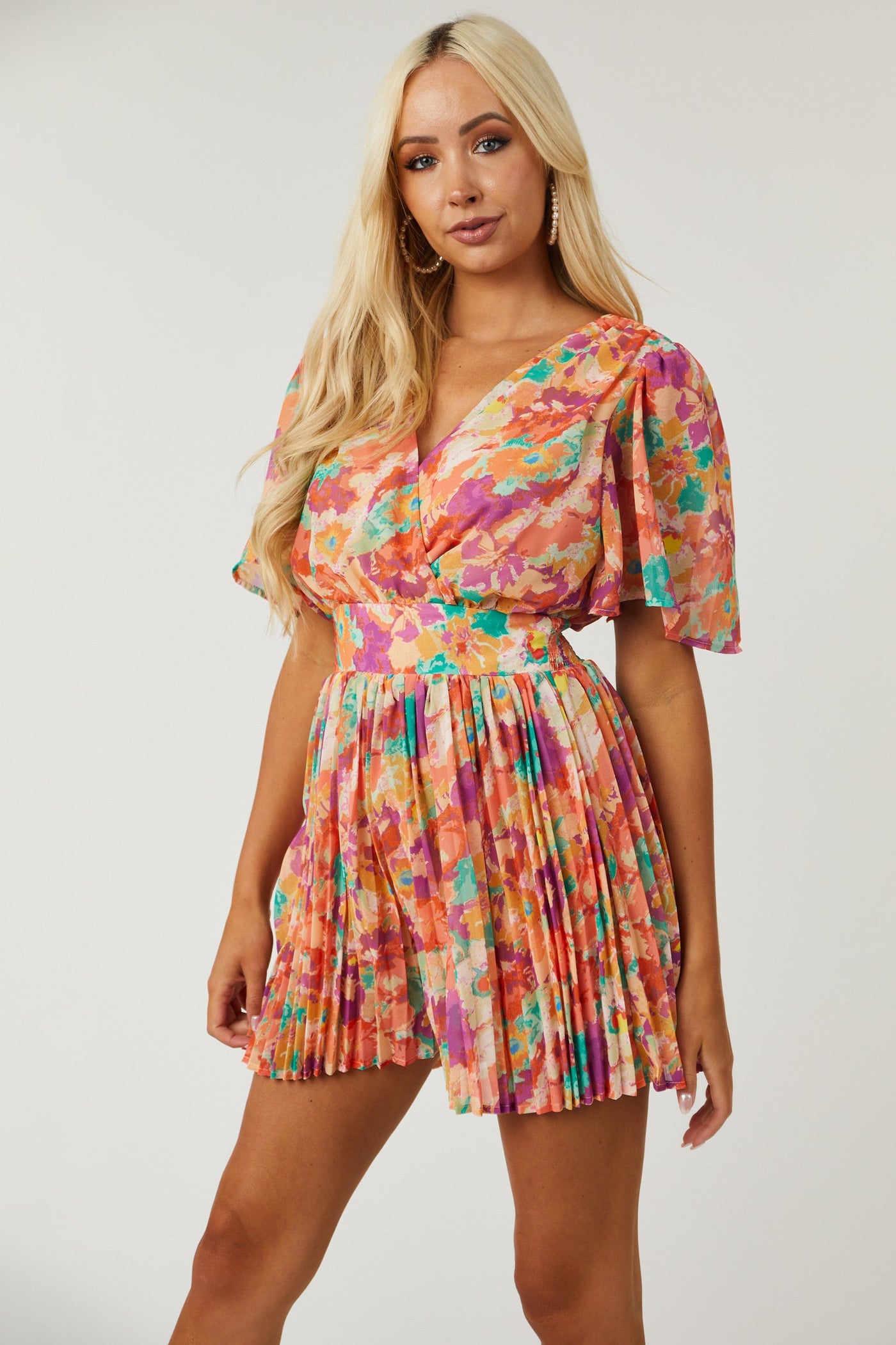 Multicolor Floral Flutter Sleeve Pleated Romper