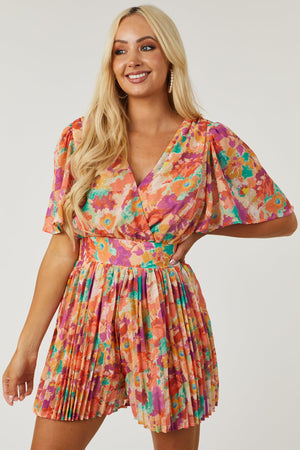 Multicolor Floral Flutter Sleeve Pleated Romper